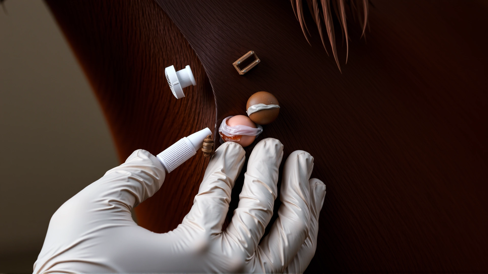 Gloved hand applying antiseptic ointment to a horse's skin lesion, focusing on treatment and wound care.