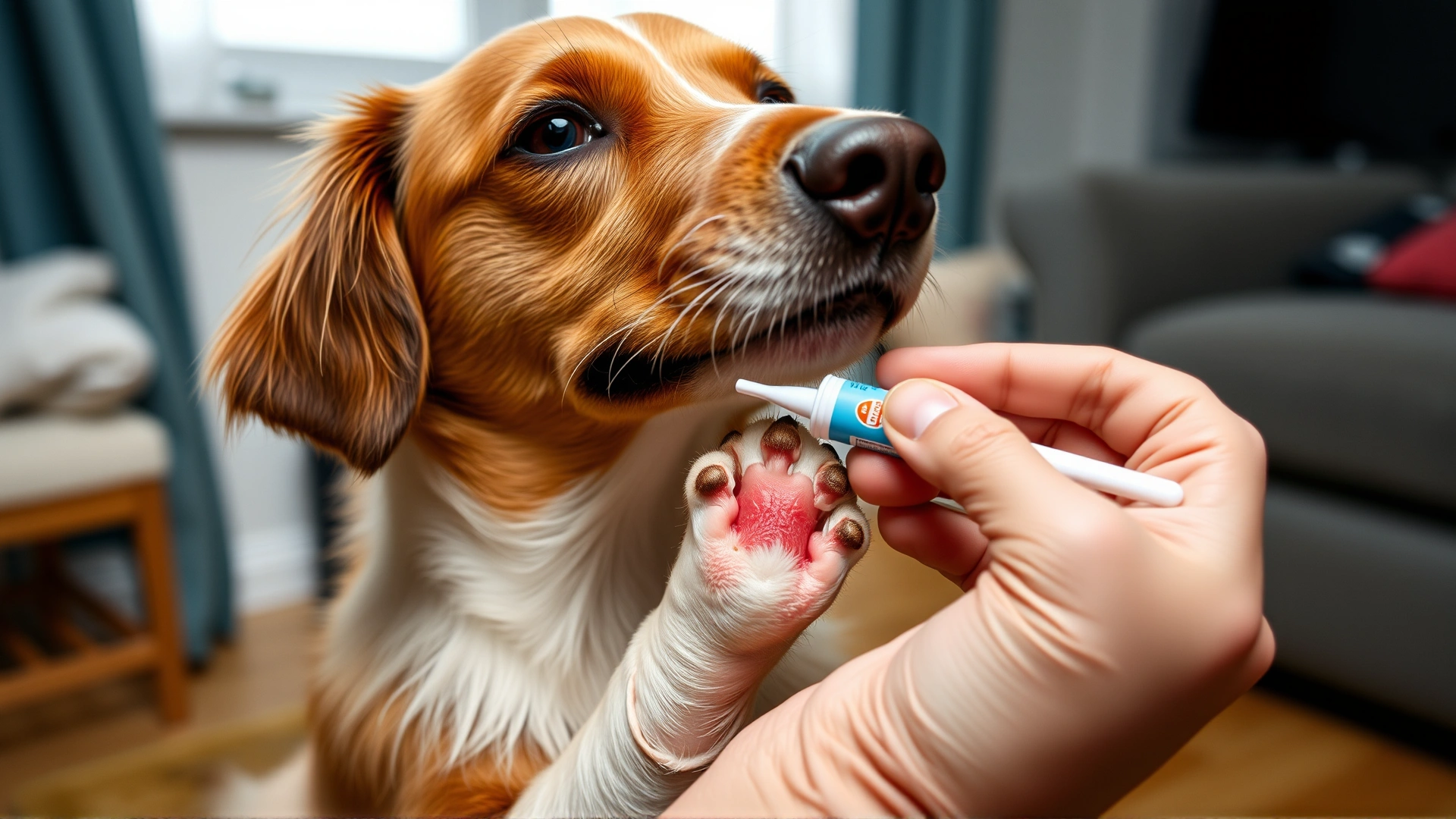 Hand applying a medicated ointment with a cotton swab to a dog's inflamed paw in a home setting