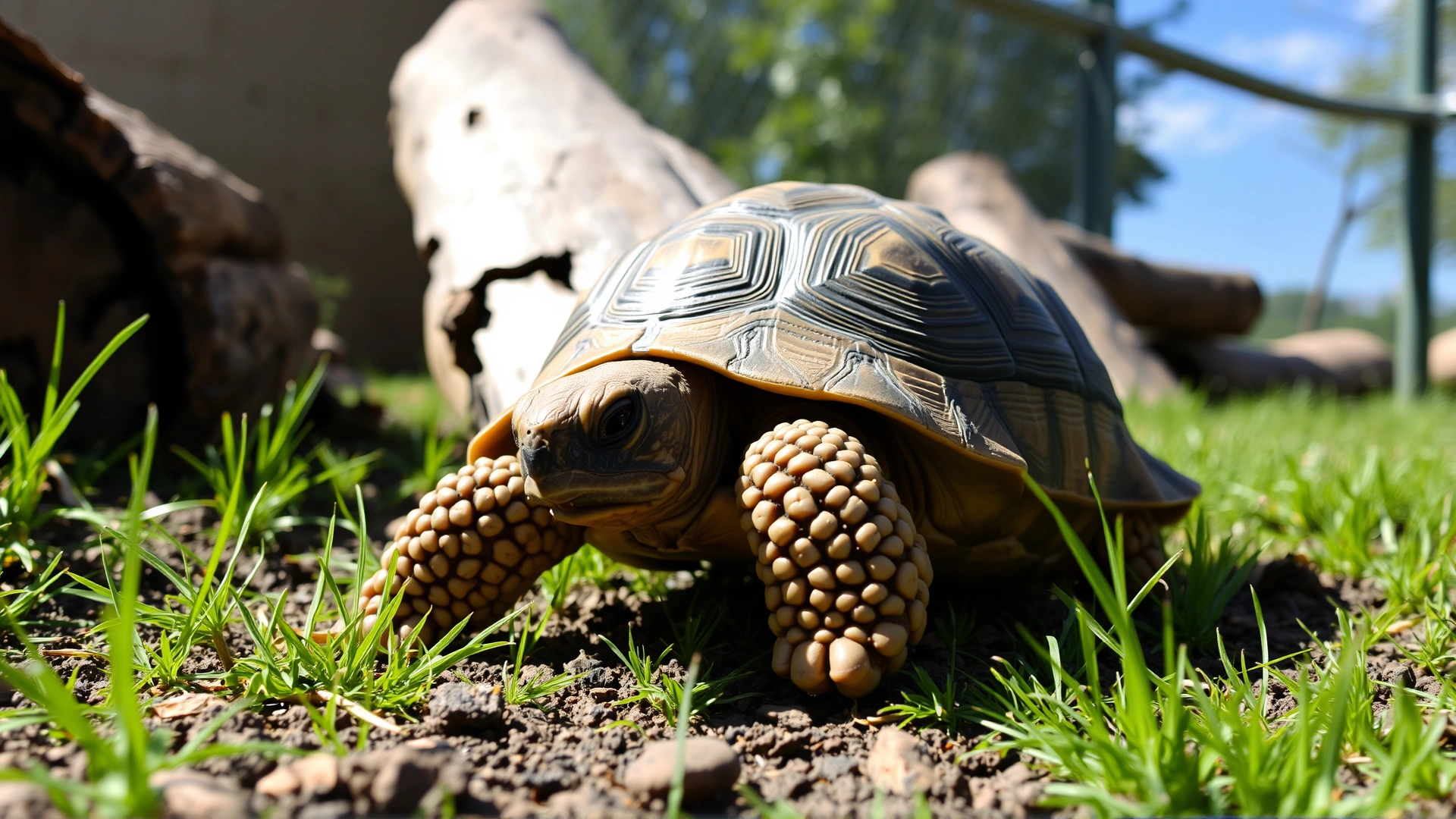Small Russian tortoise exploring an outdoor enclosure with grass, soil, and logs on a sunny day.