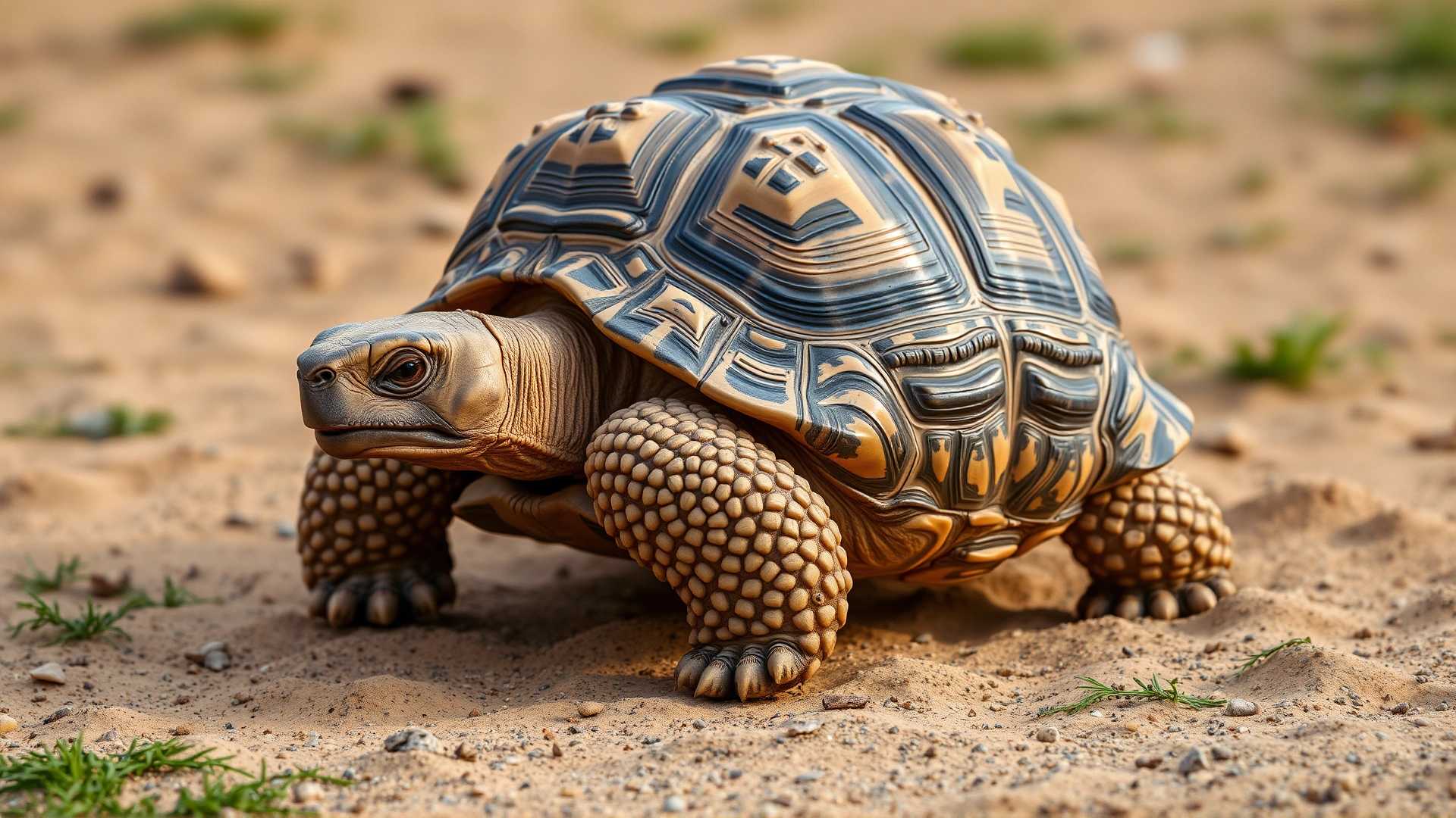 Land tortoise walking on dry, sandy terrain with some green grass patches, close-up capturing shell texture.