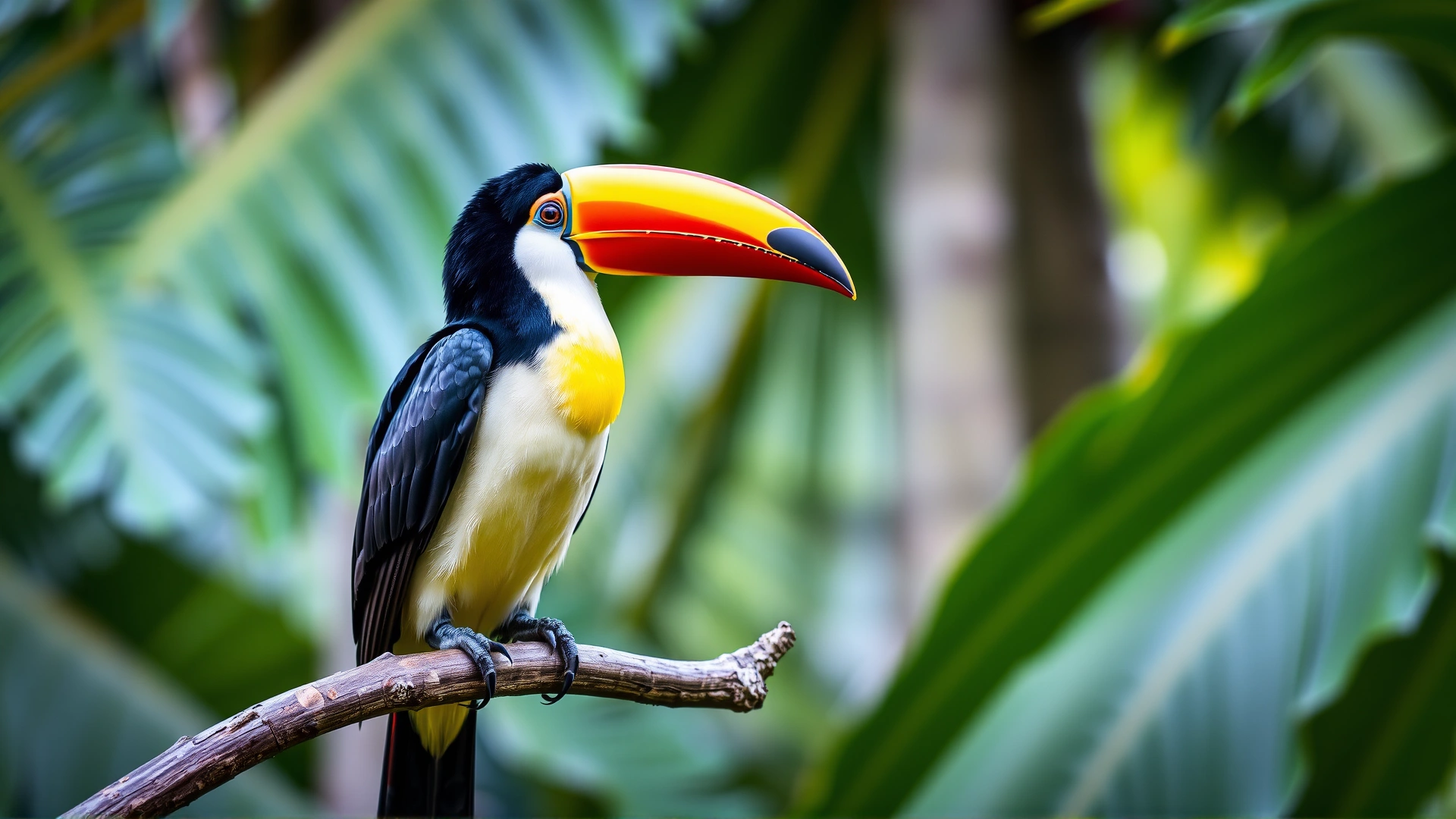 Elegant Toucan with colorful beak sitting quietly on a branch in a tropical setting