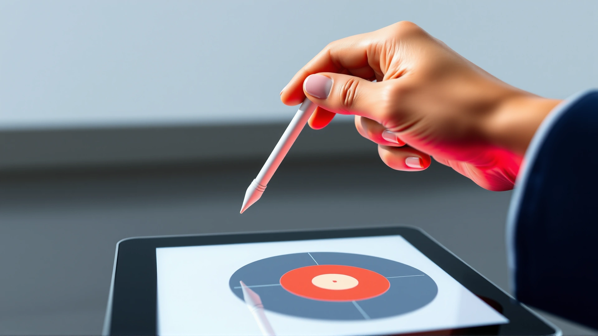 Human hand using a target stick to guide a dog’s nose toward a bright circle on a tablet screen