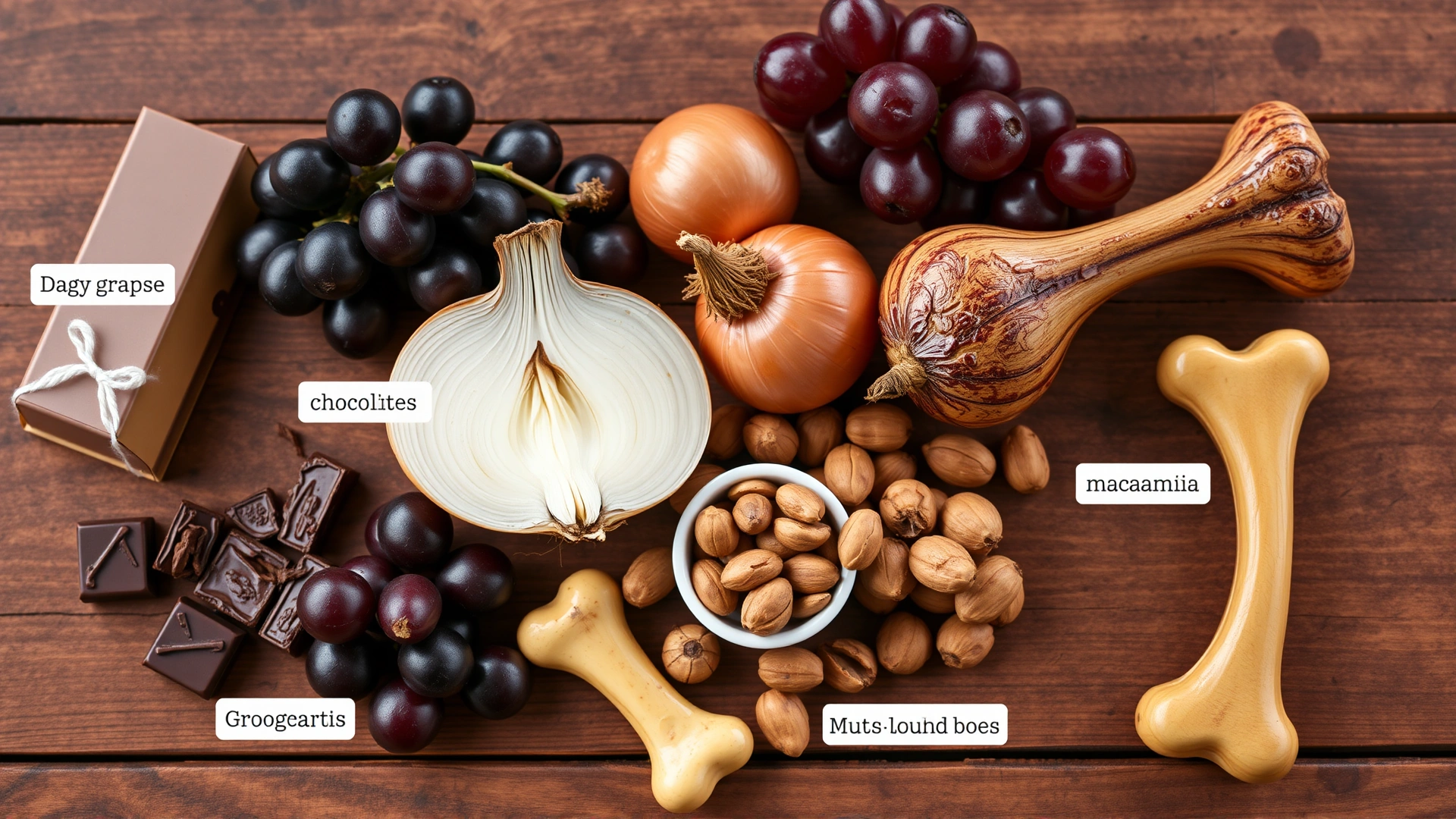 Flat lay of various dangerous holiday foods for dogs (chocolate, grapes, onions, macadamia nuts, cooked bones) placed on a wooden table with small labels near each item (but no text labels visible).