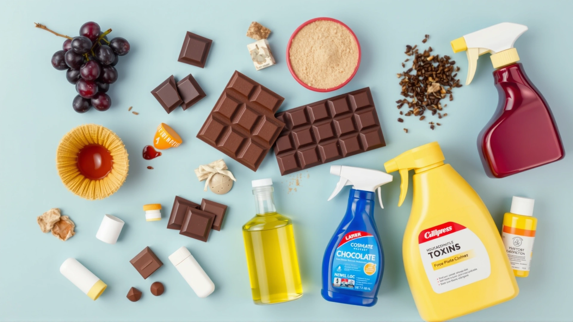 Flat lay of various common household toxins for dogs: grapes, chocolate, household cleaners, and medications.