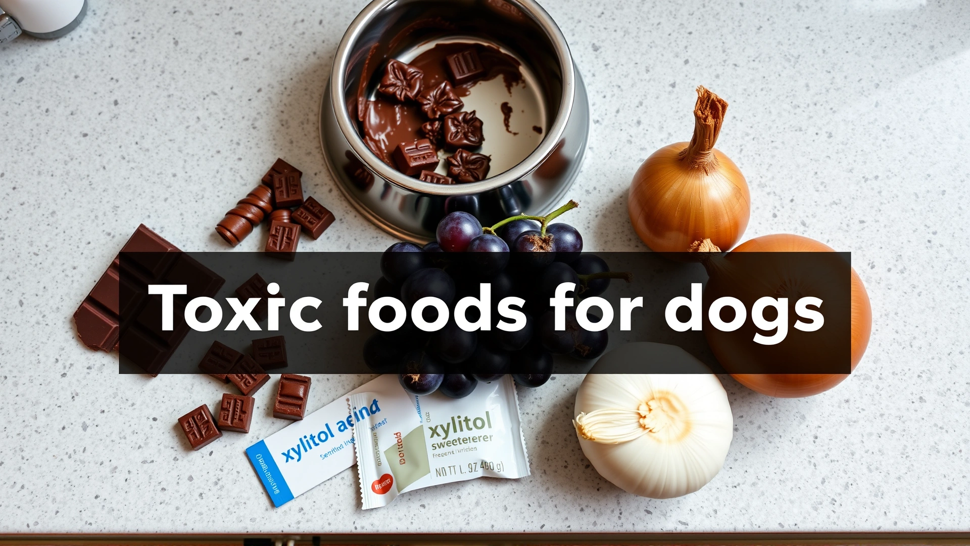 Flat-lay of various toxic foods for dogs such as chocolate, grapes, onions, and a xylitol sweetener packet arranged on a kitchen countertop, clearly separated from a dog bowl.