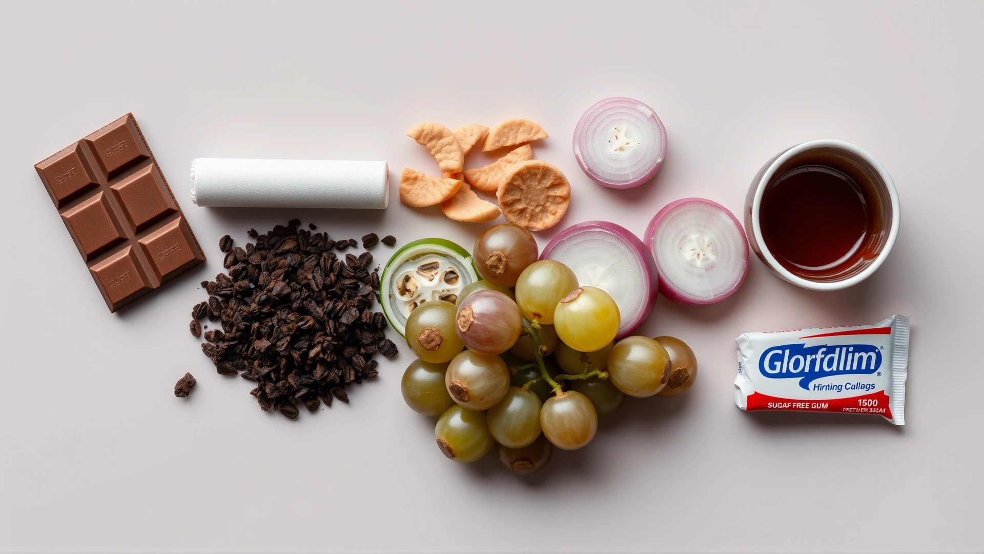 Flat lay of toxic human foods for dogs—chocolate bar, coffee grounds, grapes, onion slices, and sugar-free gum—arranged on a neutral background