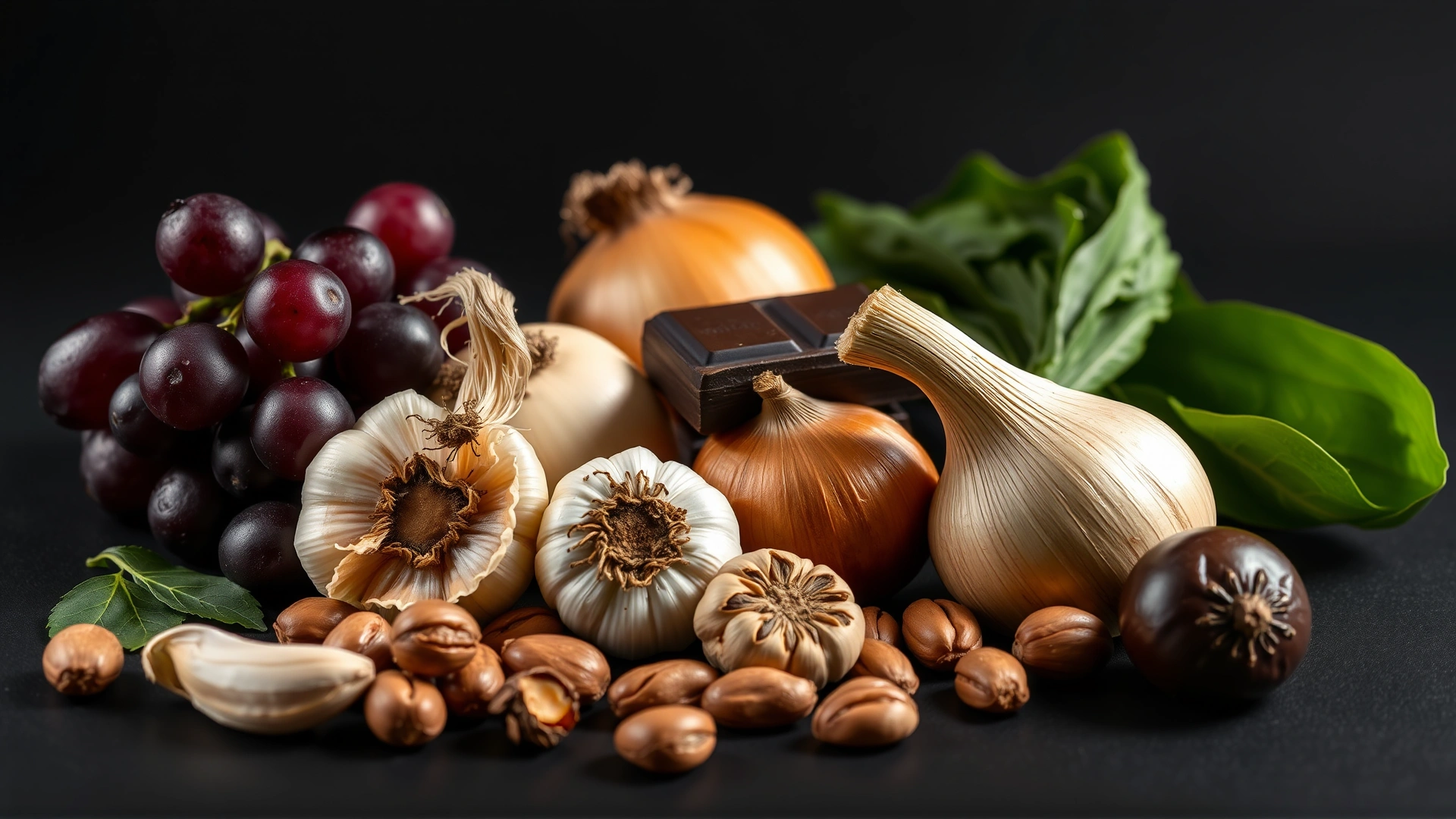 Flat lay of foods toxic to dogs—grapes, chocolate, onions, garlic, macadamia nuts—arranged on a dark background with dramatic lighting