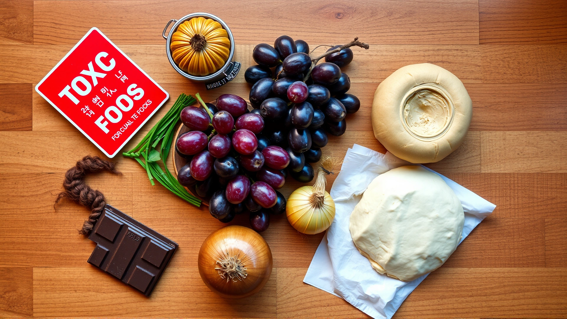 Overhead shot of various toxic foods for cats such as chocolate, grapes, onions, and dough arranged on a wooden kitchen countertop with a red warning sign