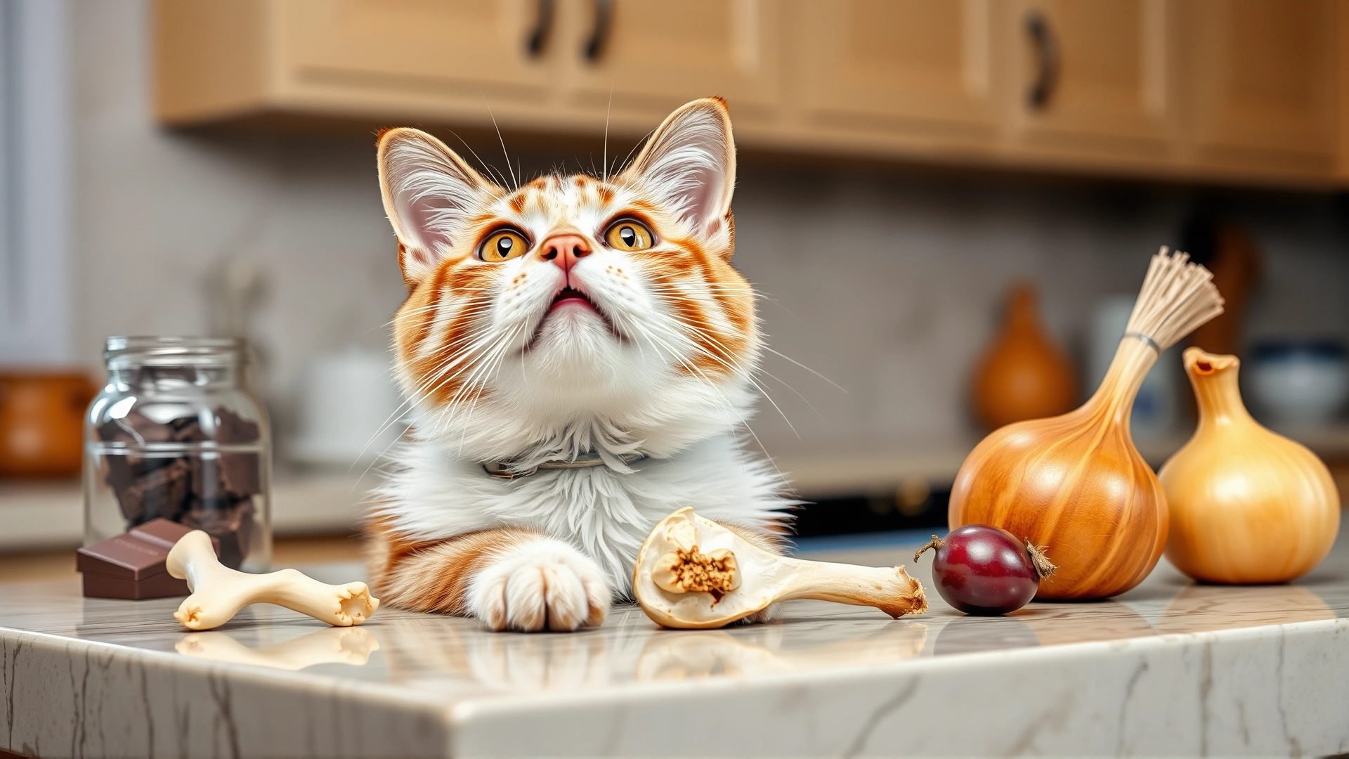 A kitchen counter displaying dangerous foods for pets—chocolate, grapes, turkey bones, onions—clearly out of reach of a curious cat looking up.