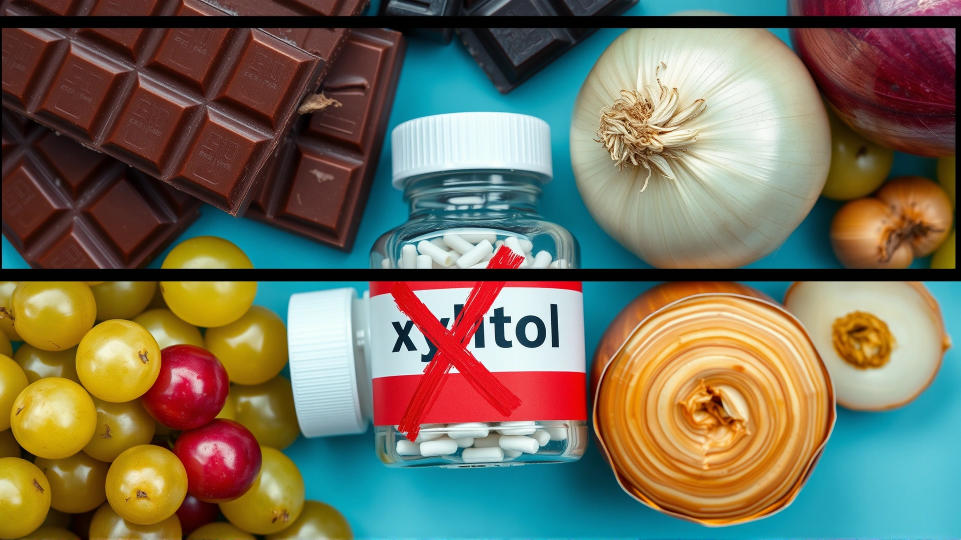 Collage-style overhead shot showing chocolate bars, grapes, onions, and a container labeled xylitol crossed out with a red “X”, warning composition.