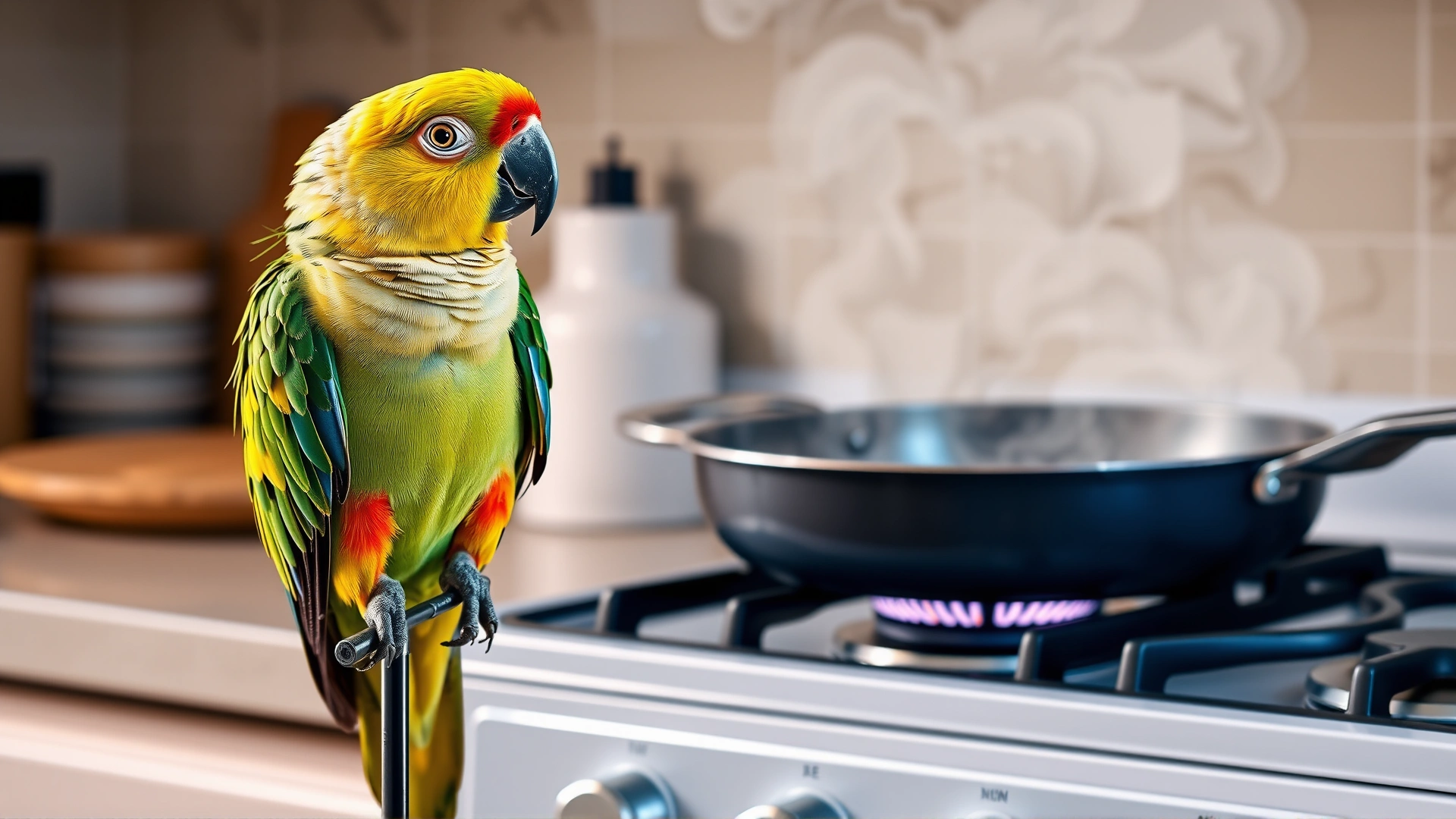 Pet parrot perched on a stand near a kitchen while non-stick pan on stove emits visible fumes, illustrating dangerous Teflon fumes.
