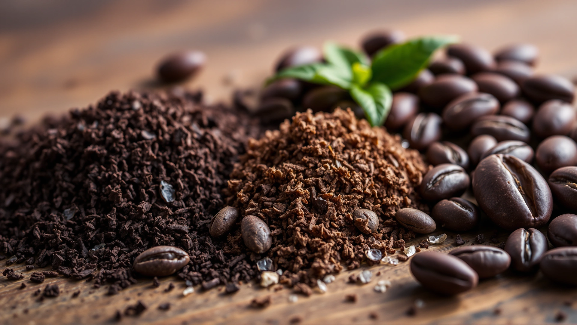 Macro shot of finely grated dark chocolate and cocoa beans arranged on a rustic wooden table, focus on texture