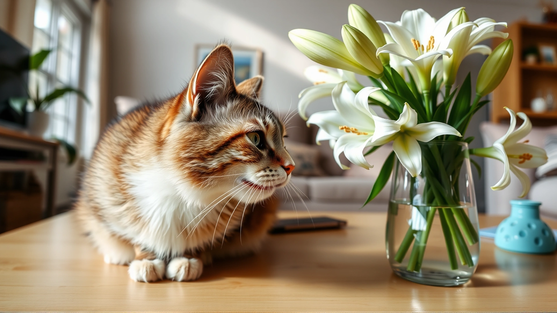 Curious house cat sniffing a vase of lilies on a light wooden table in a sunny living room, emphasizing potential toxin risk.
