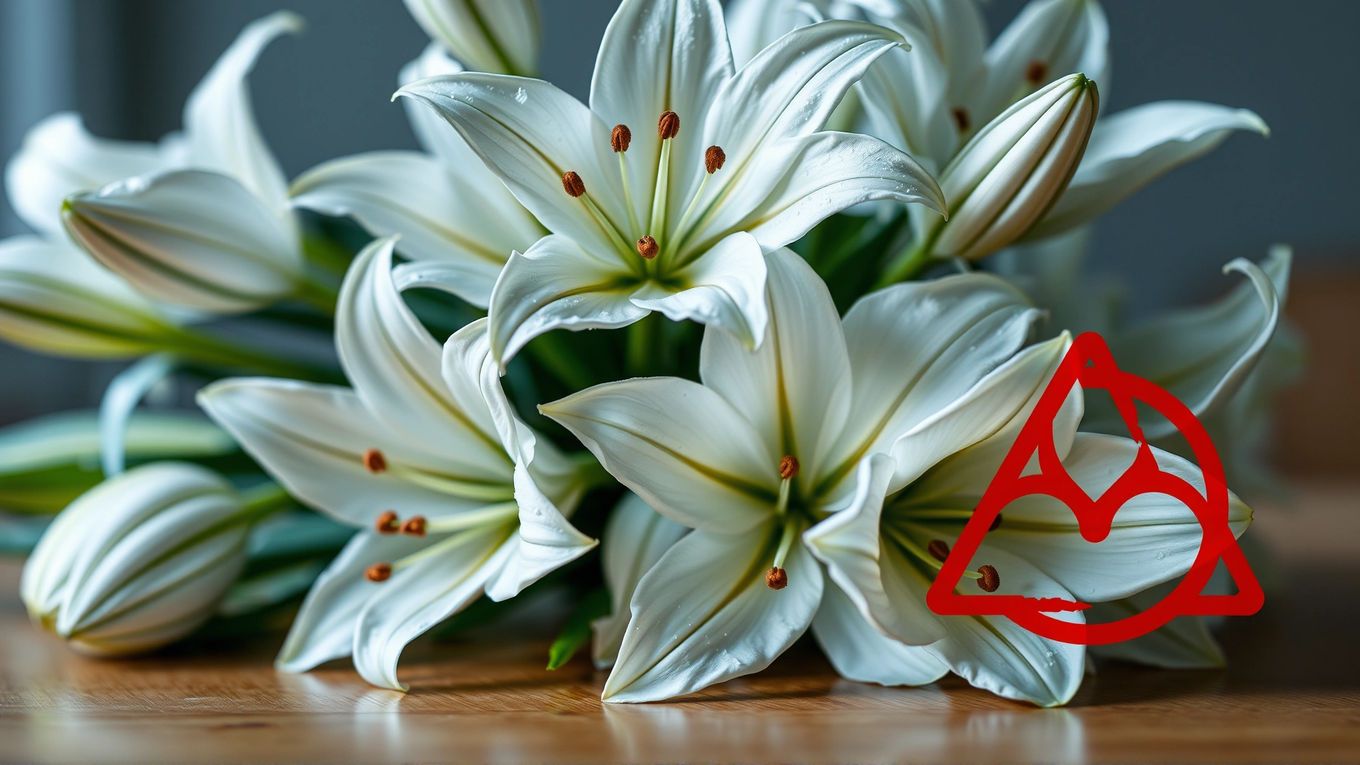 Close-up of a bouquet of white lilies placed on a table, with a red warning symbol subtly overlaid in the corner to imply danger (no text).