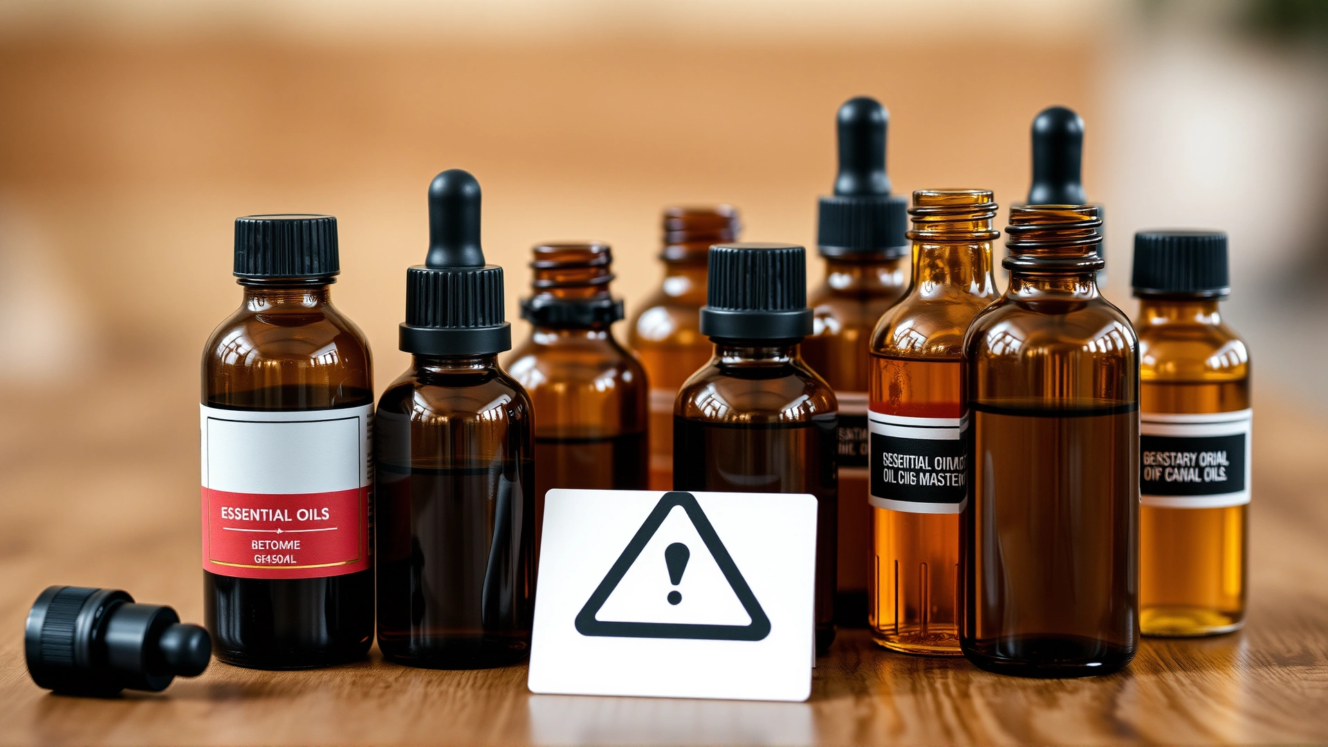 Assorted amber glass bottles of essential oils on a wooden surface with a small warning sign symbol next to them, blurred background, no text.