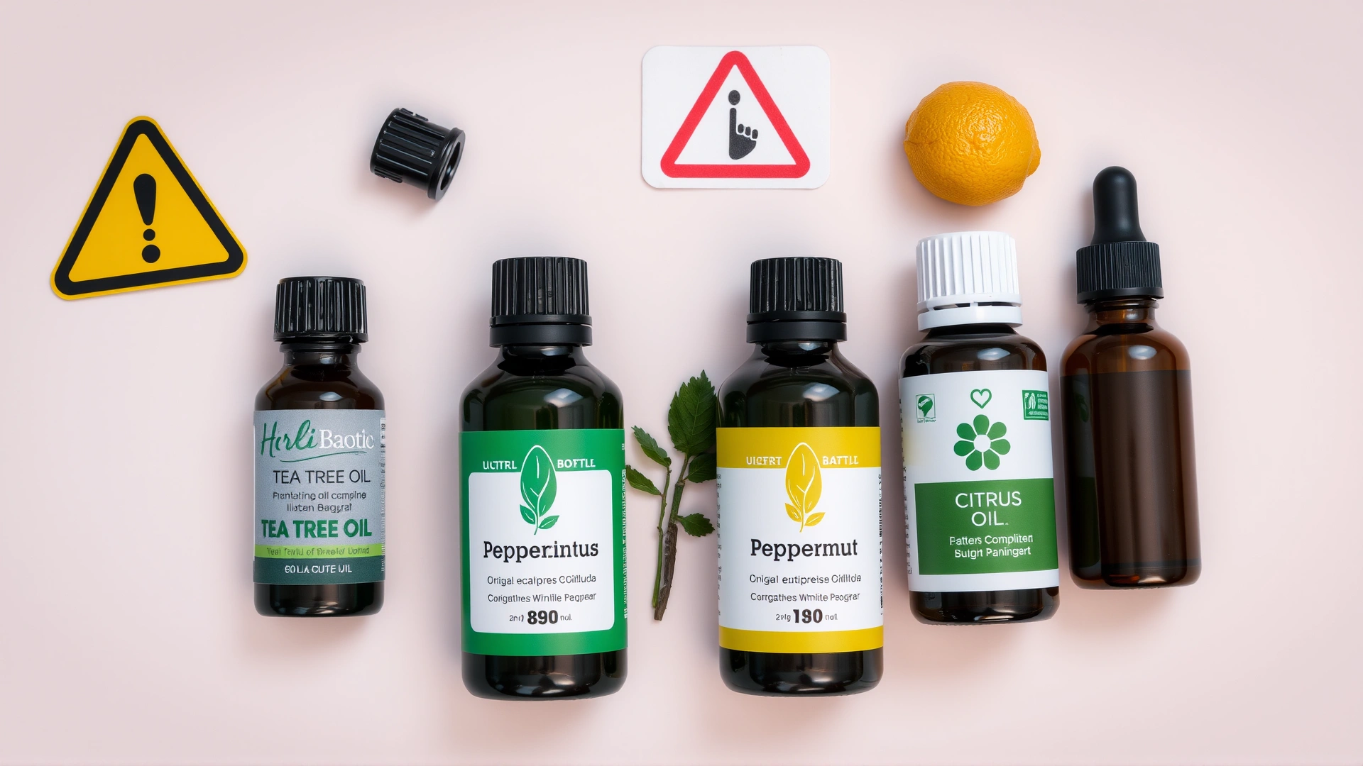 Flat lay of various essential oil bottles labeled tea tree oil, eucalyptus, peppermint, and citrus placed next to a warning sign and paw print icon on a plain background.