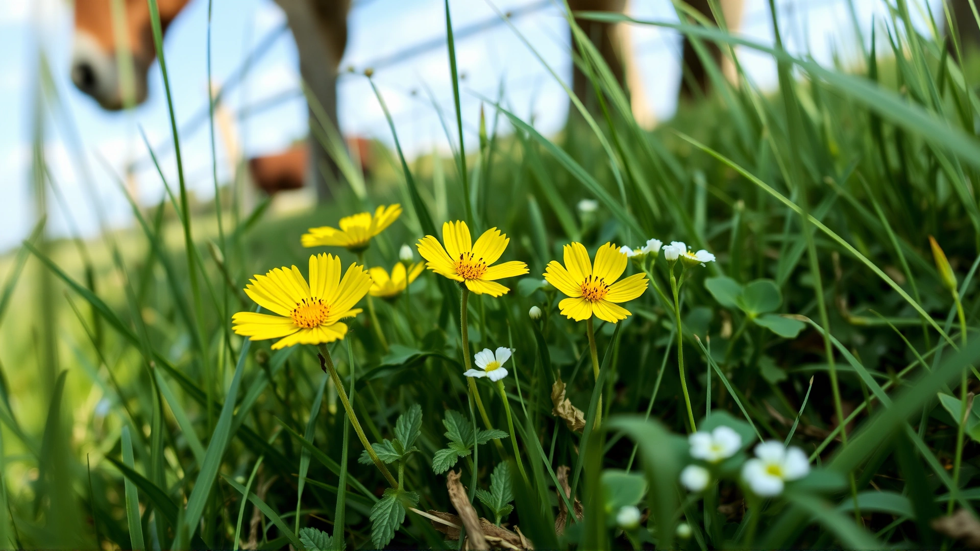 Buttercups and clover growing among grass in a horse pasture, photographed in sharp focus to show potentially irritating plants that can cause drooling.