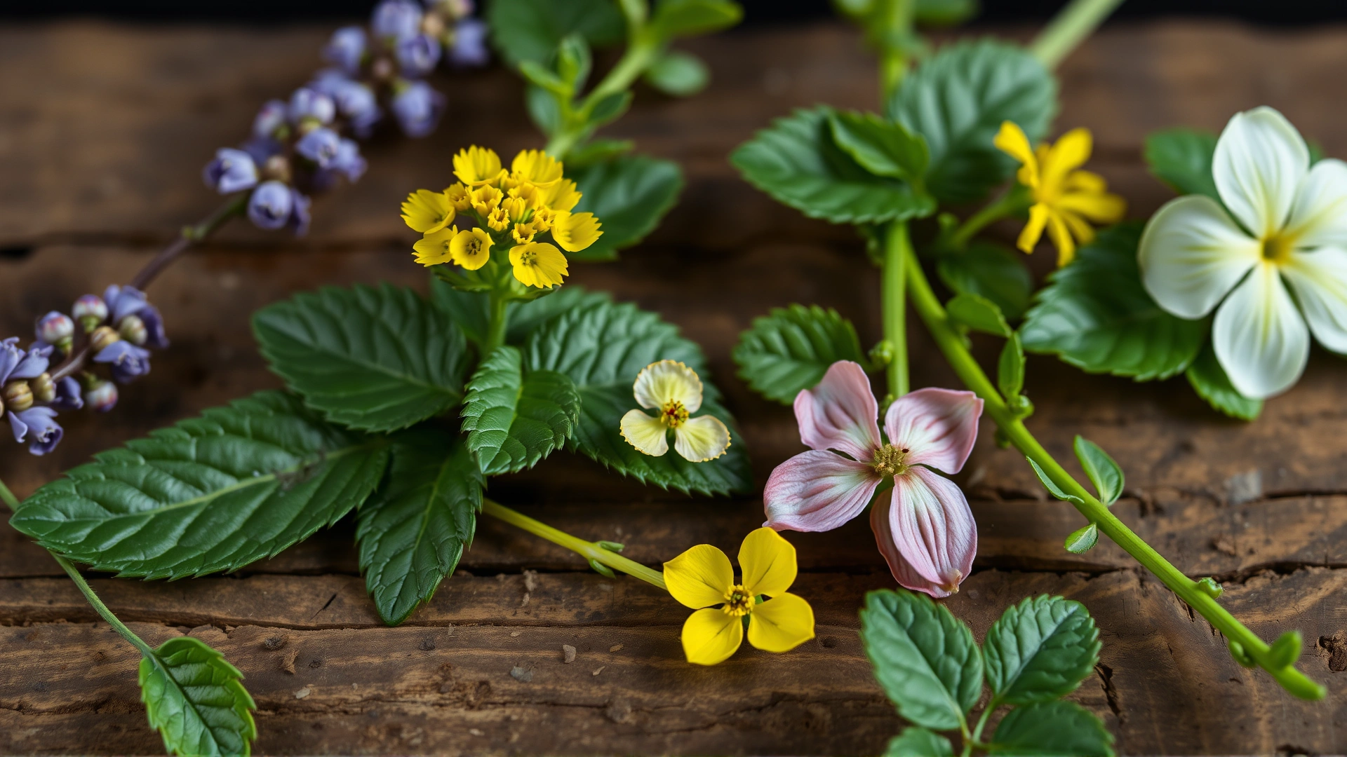 High-resolution image of common photosensitizing plants for horses, such as St. John’s Wort and alsike clover, lying on a wooden surface