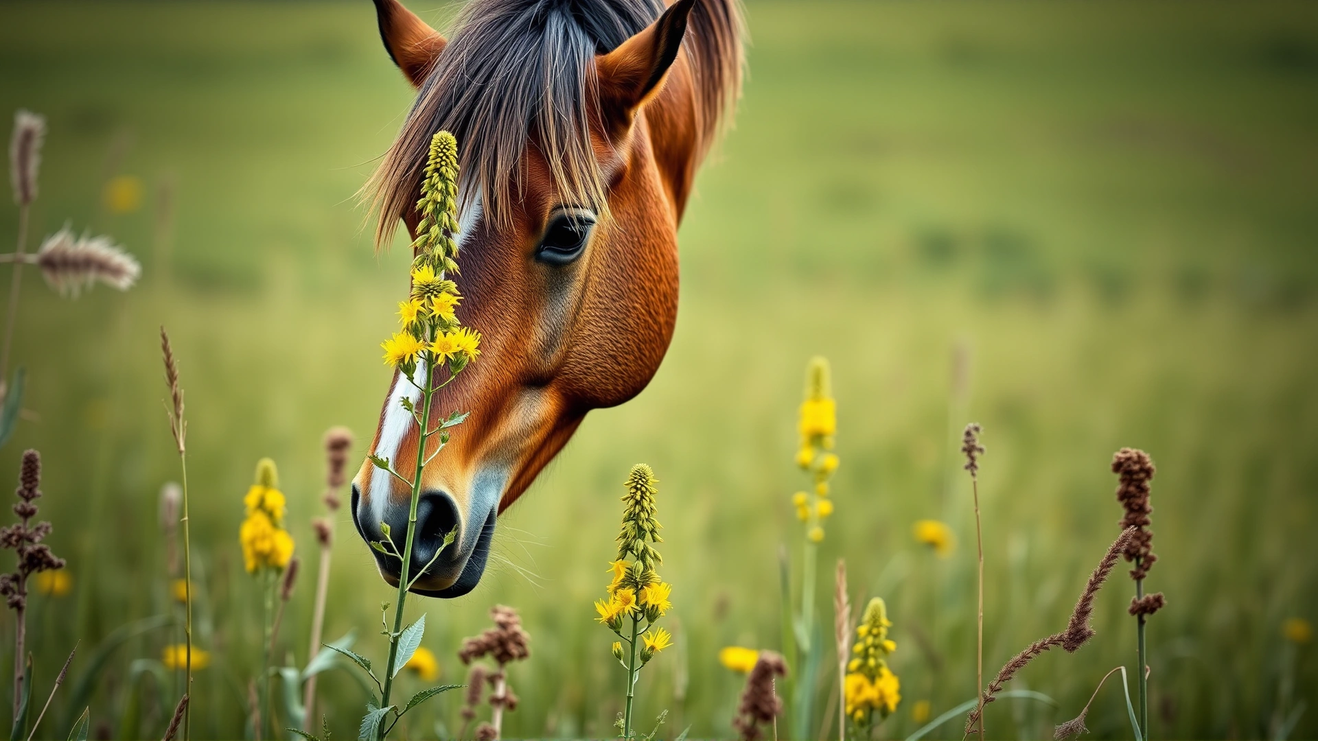 Horse sniffing a yellow ragwort plant in a field, illustrating plants that are toxic to equines.