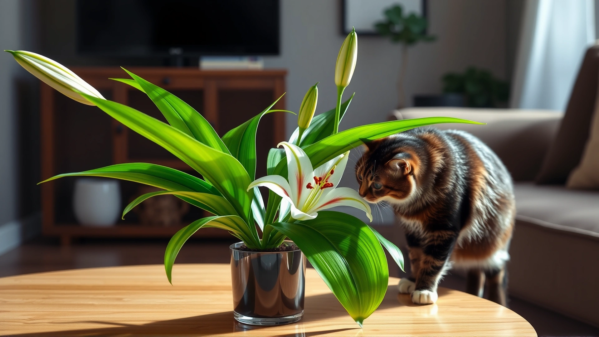 Indoor lily plant on a coffee table with a cat sniffing one of its leaves.