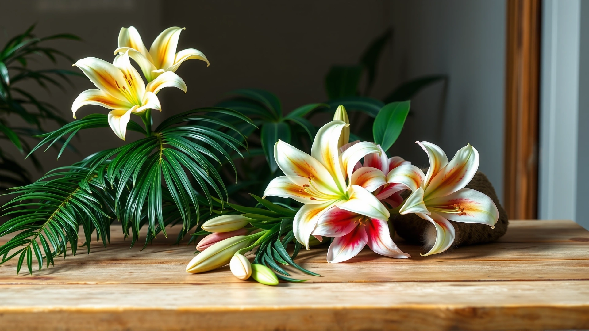 Arrangement of common toxic plants for cats such as lilies and sago palm on a wooden table, soft natural lighting, no text.