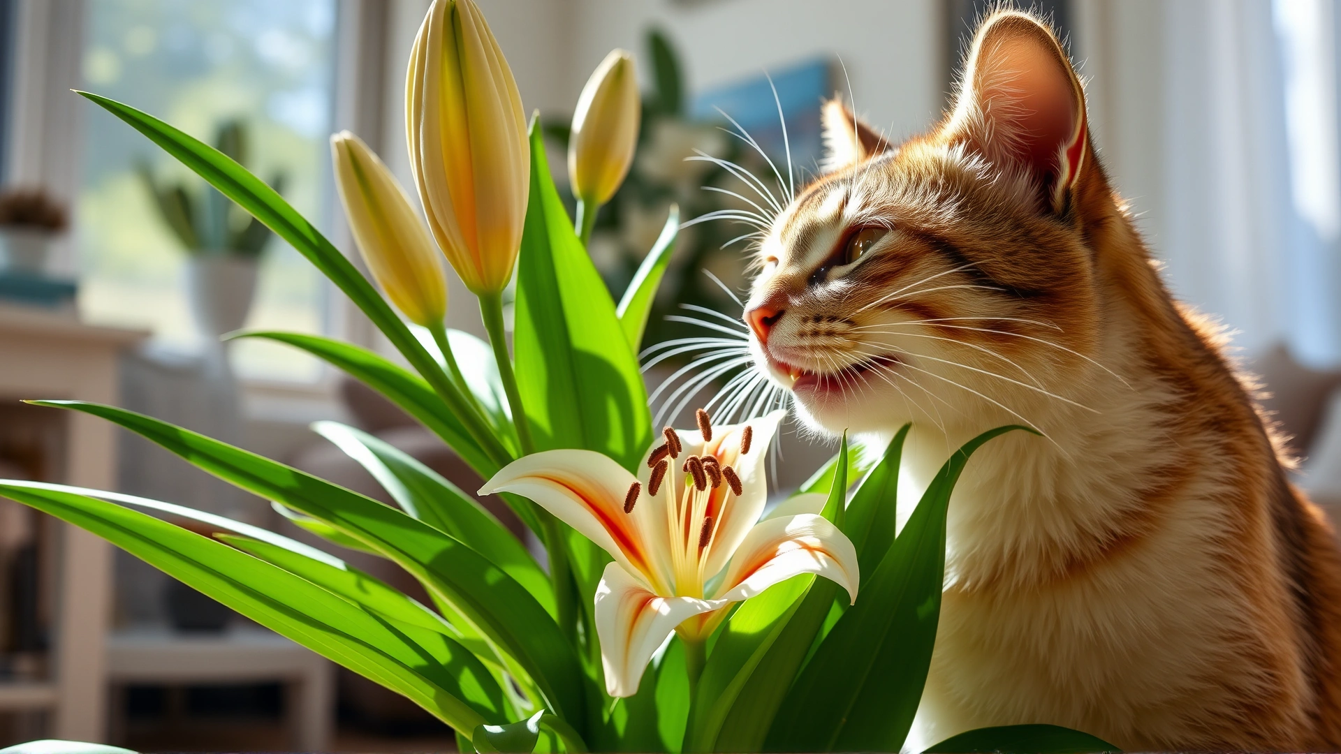 A domestic cat nibbling on a blooming lily plant in a sunlit living room, emphasizing plant toxicity risk.