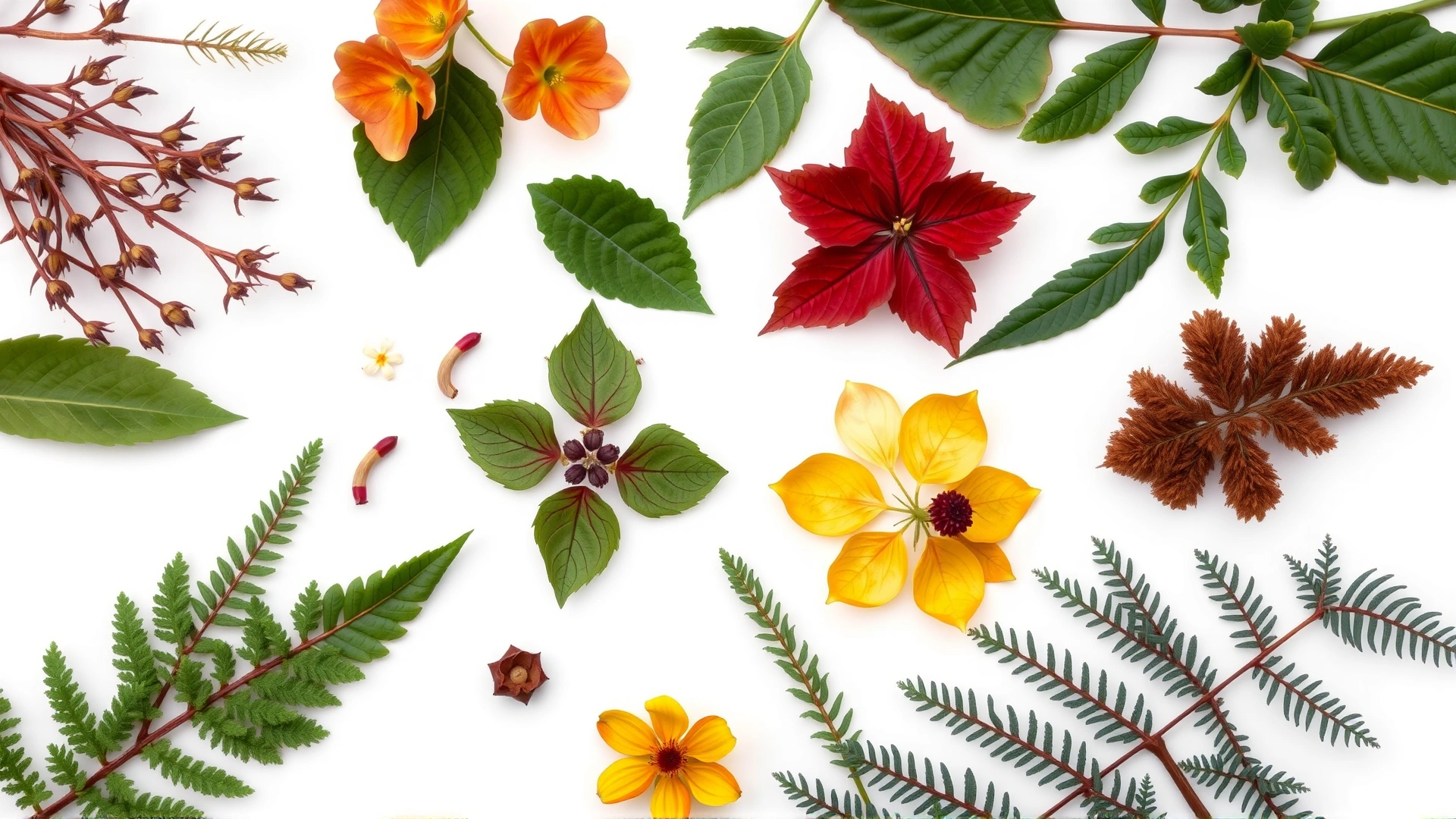 A flat lay collage on a white background showing close-up leaves and flowers of several common toxic plants for horses: yew, oleander, red maple leaves, ragwort, and bracken fern