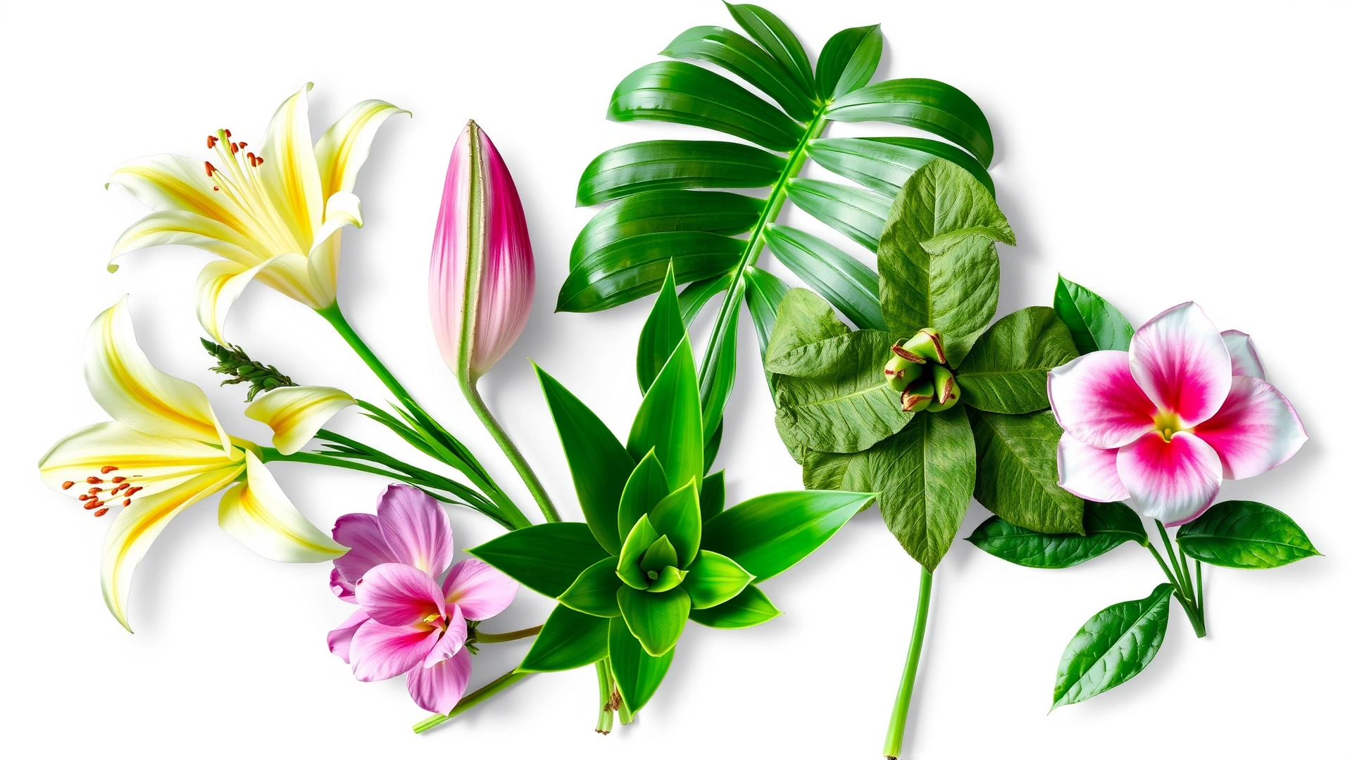 Collage-style image showing several common toxic plants for cats: lilies, sago palm, pothos, aloe vera, and azalea, arranged aesthetically on a neutral background.