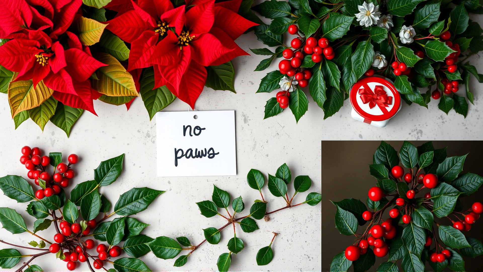 Collage of poinsettia, holly, and mistletoe plants arranged on a table with a small 