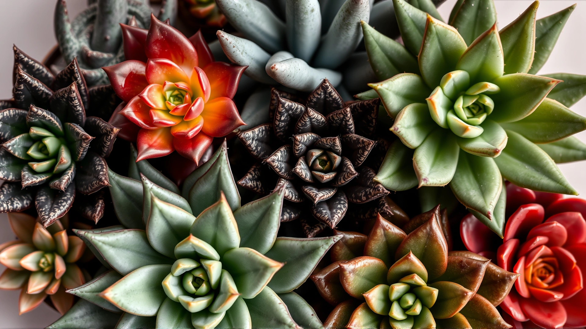 Close-up collage of several toxic succulents like jade plant, aloe vera, and kalanchoe arranged together on a neutral background.
