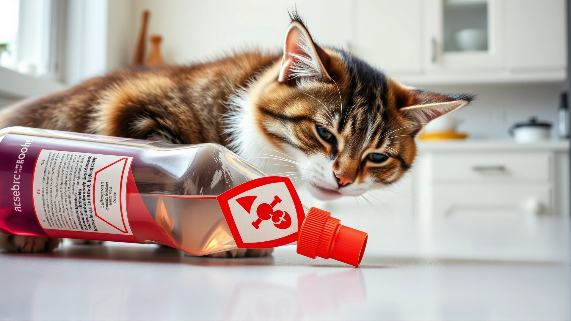 Cat sniffing a tipped-over household cleaner bottle with a red hazard symbol, illustrating potential toxicity, bright kitchen setting