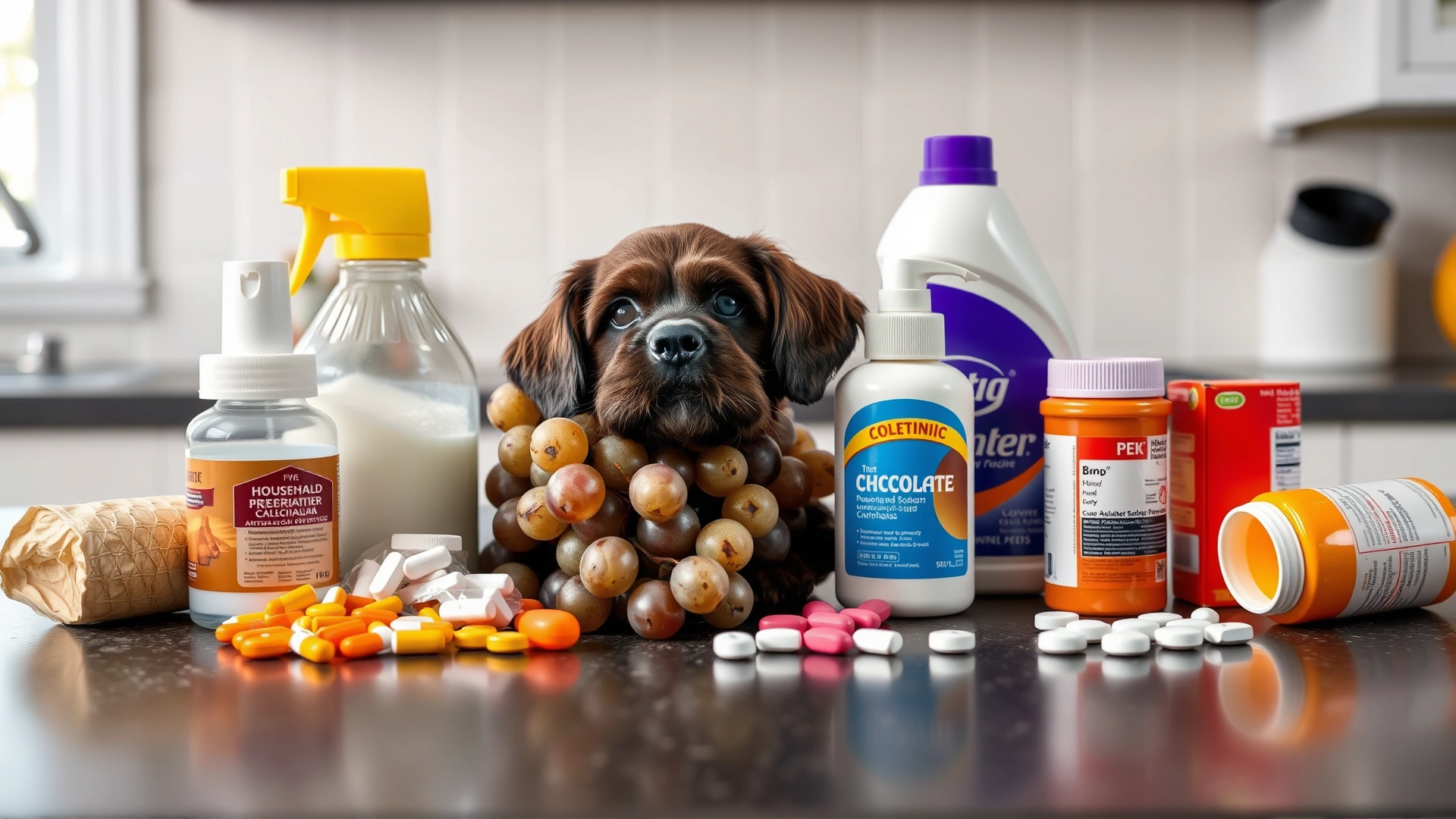 Flat lay of common household toxins for pets, including chocolate, grapes, cleaning products, and prescription pills on a kitchen countertop.