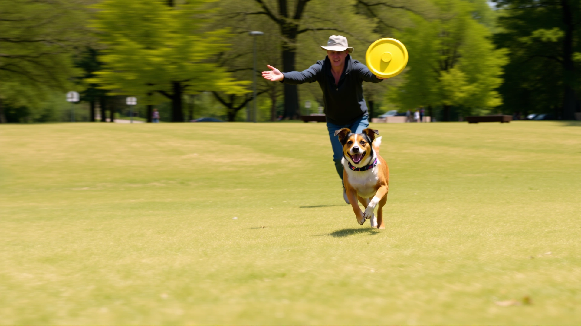 Owner throwing a bright yellow frisbee in a grassy park as the dog sprints after it, motion blur capturing speed, sunny day, no text