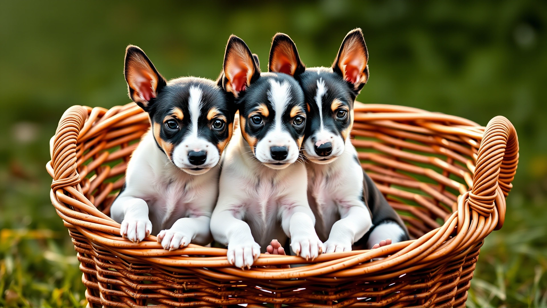 Three Toy Fox Terrier puppies sitting together in wicker basket outdoors, soft morning light, cute expression, no text