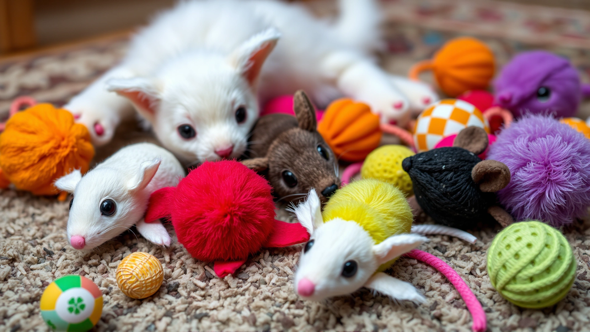 Colorful assortment of cat toys including plush mice and crinkle balls scattered on a rug, inviting play.