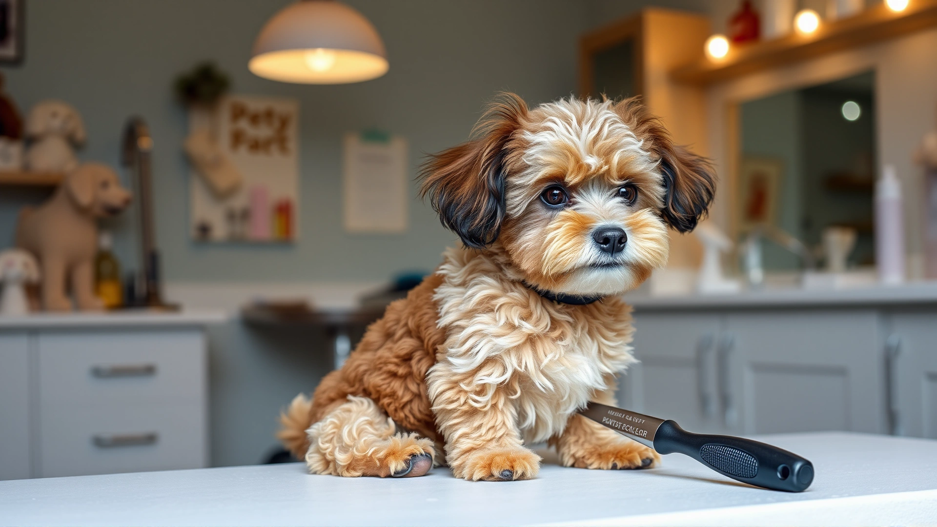 Well-groomed Toy Poodle being brushed on a grooming table inside a pet salon, soft lighting