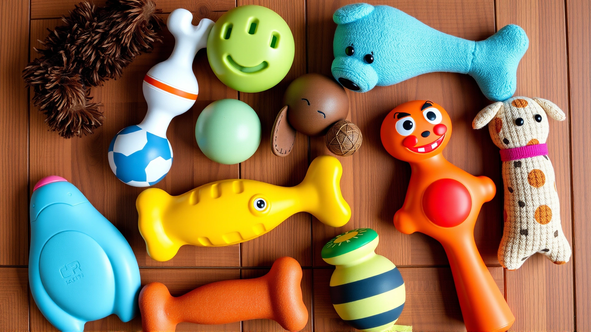 Top-down flat-lay of various squeaky dog toys of different shapes, sizes, and colors neatly arranged on a wooden surface