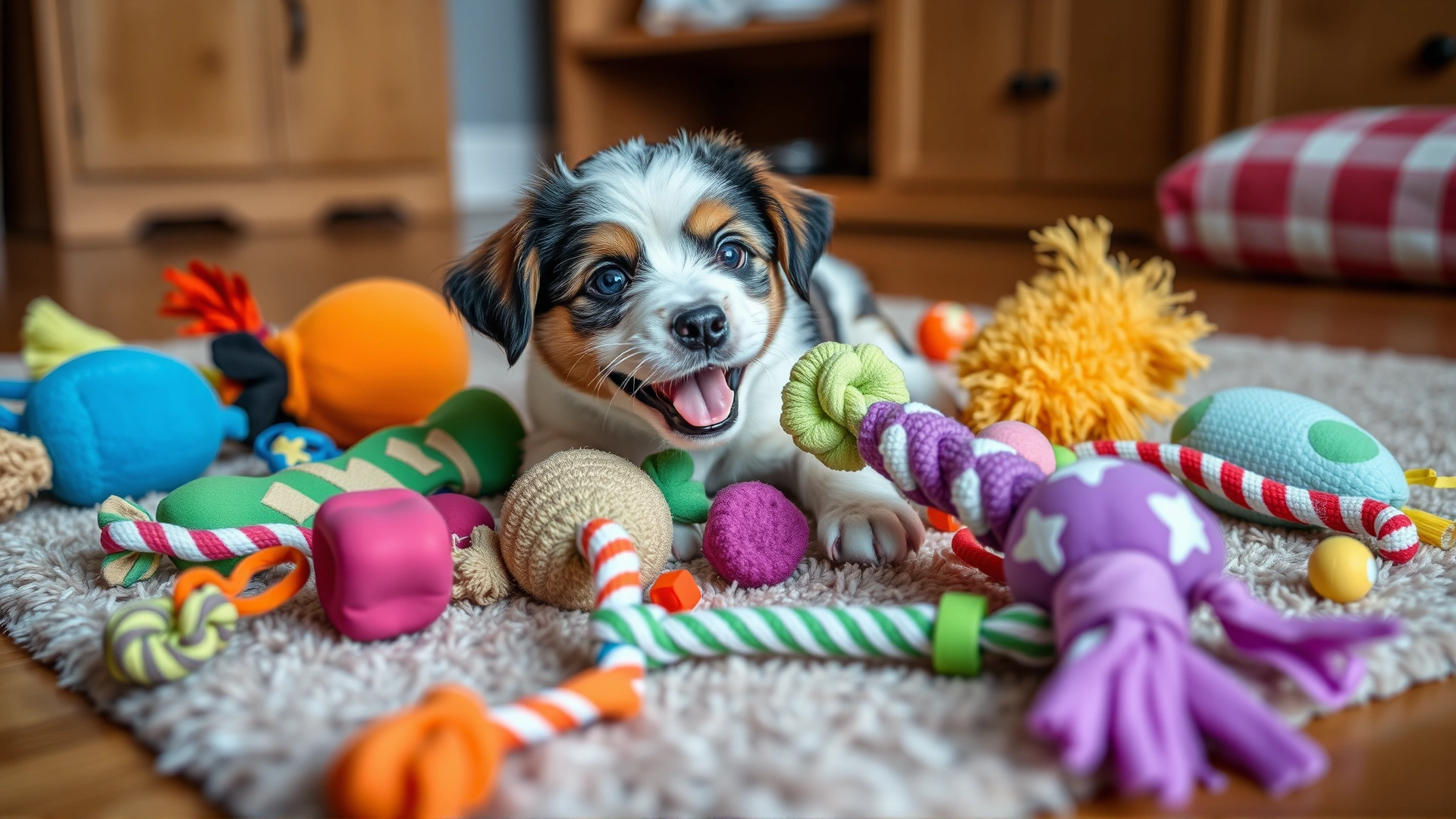 Selection of colorful puppy toys (chew toys, rope, plush) scattered on a cozy rug with a happy puppy playing.