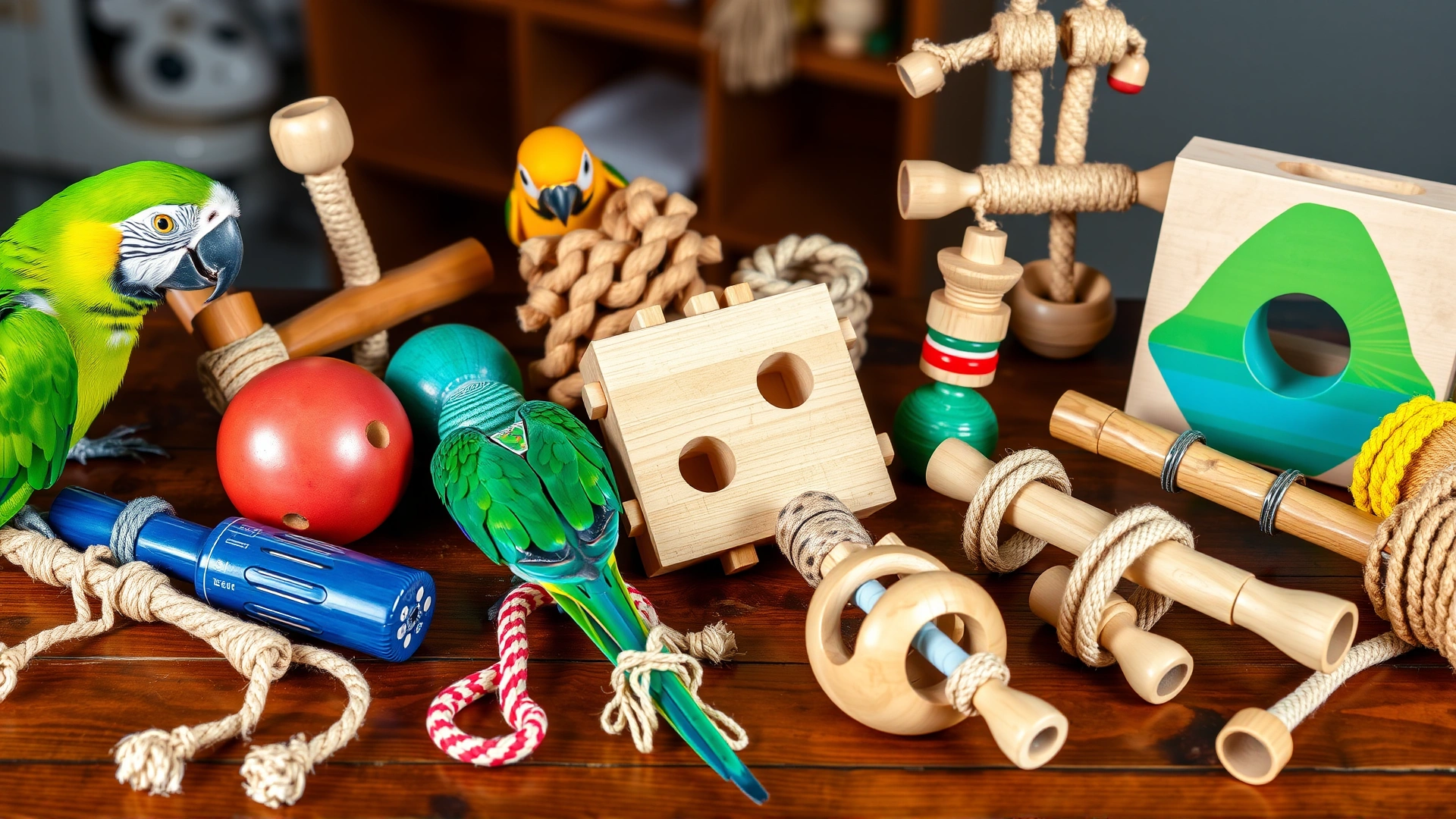 Assortment of safe, colorful parrot toys made of natural wood, rope, and foraging puzzles laid out on a wooden table.