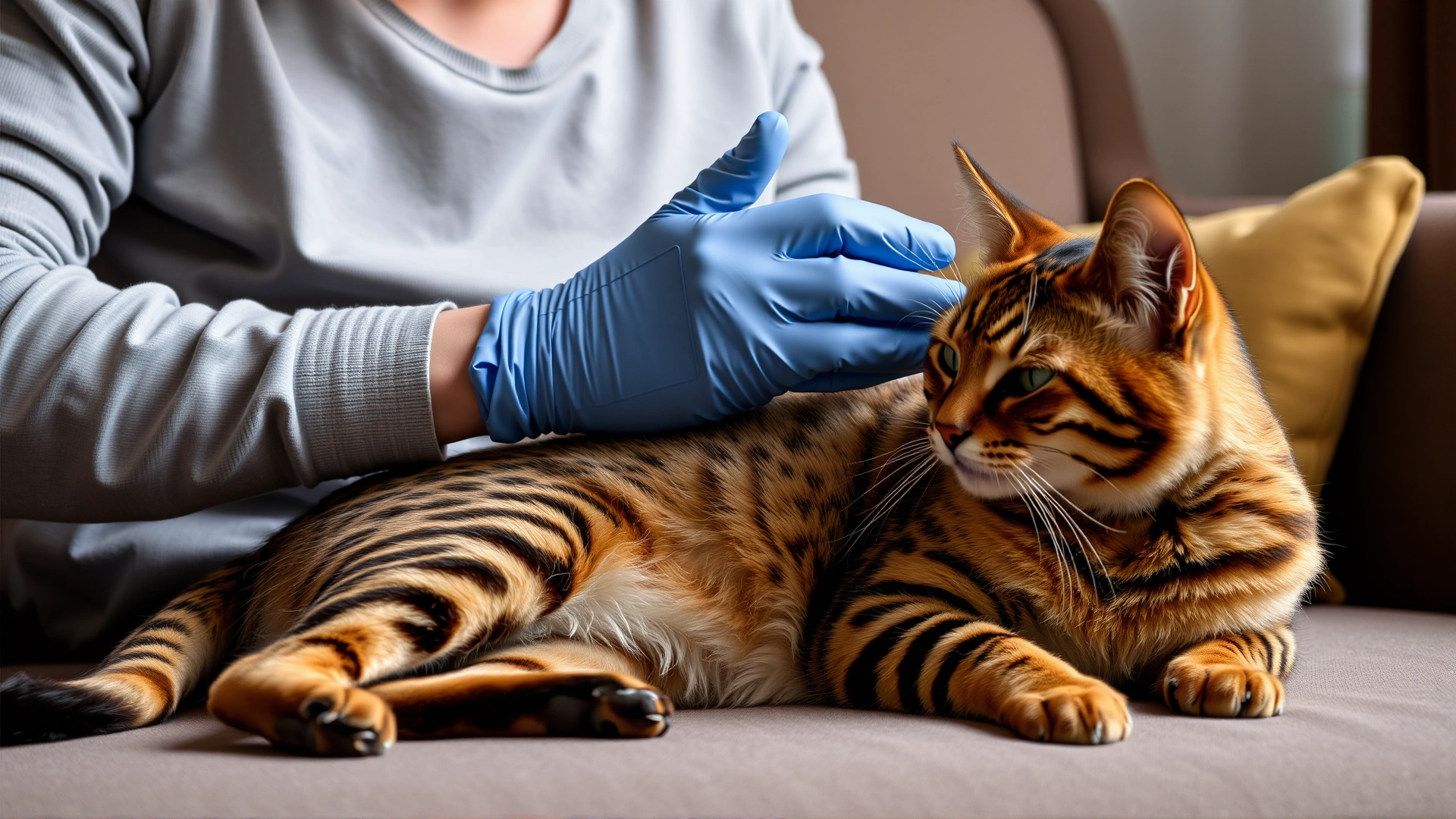 Owner brushing a relaxed Toyger cat with a rubber grooming glove on a sofa