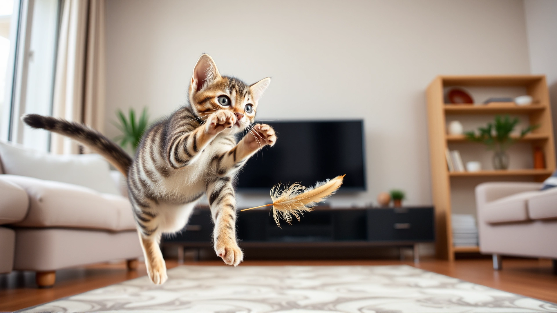 Toyger kitten mid-jump chasing a feather toy in a modern living room
