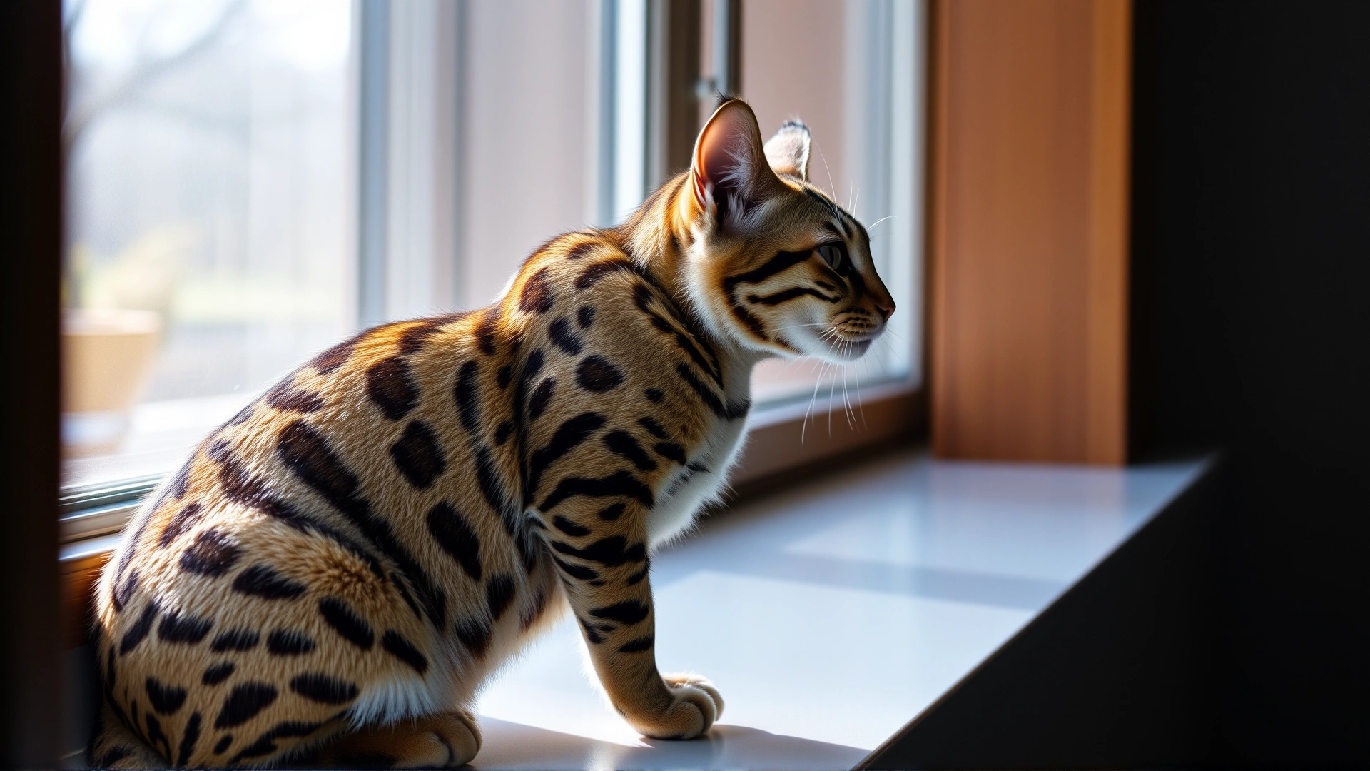 Profile view of a Toyger sitting on a windowsill looking outside, natural daylight backlighting its coat