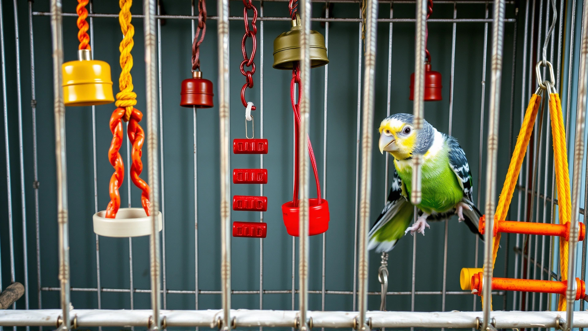 Interior cage view displaying colorful swings, ladders and bells hanging, with a curious canary investigating one of the toys.