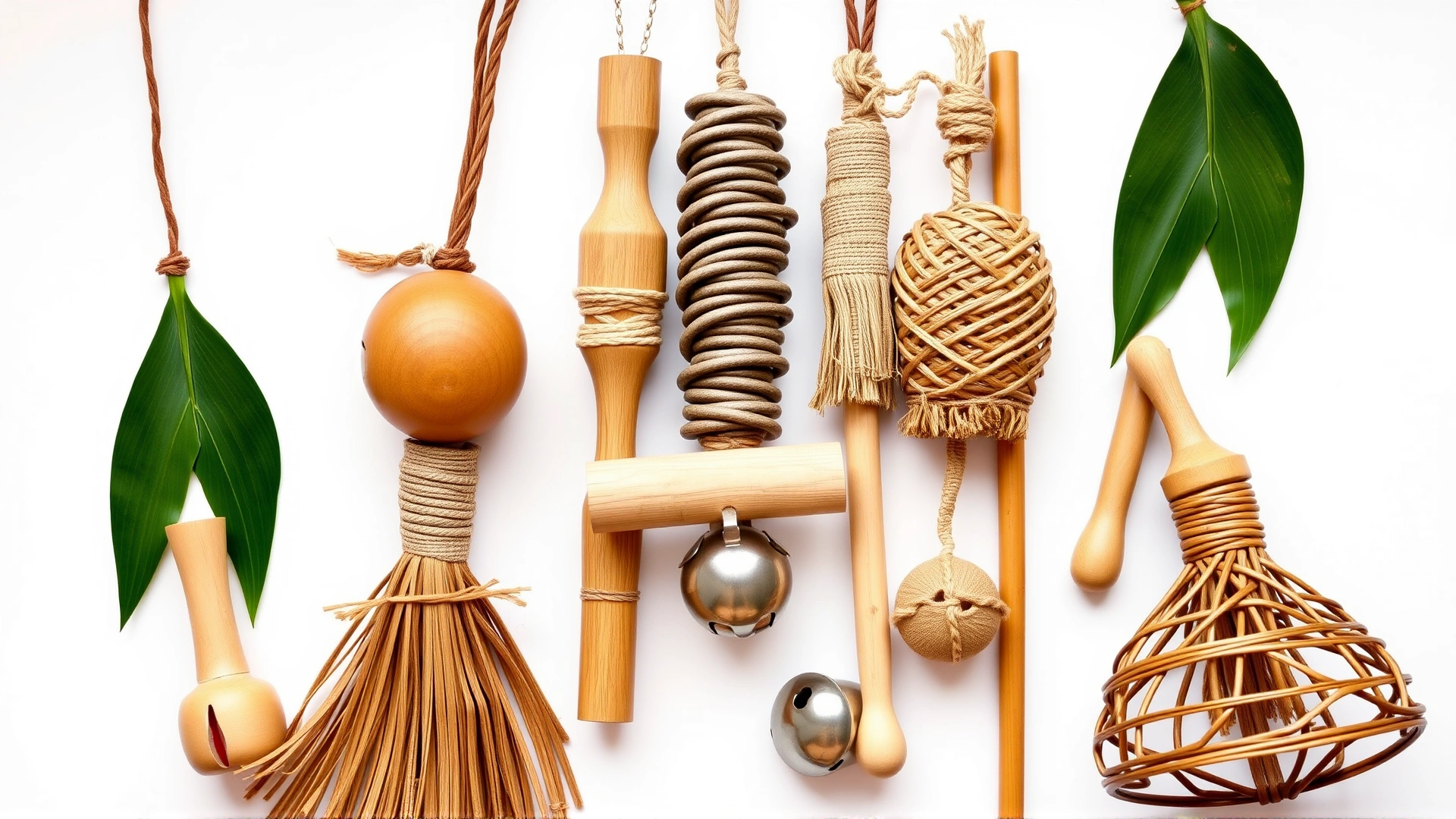 Array of bird-safe toys made of natural wood, woven palm leaves, and stainless steel bells arranged on a white background.