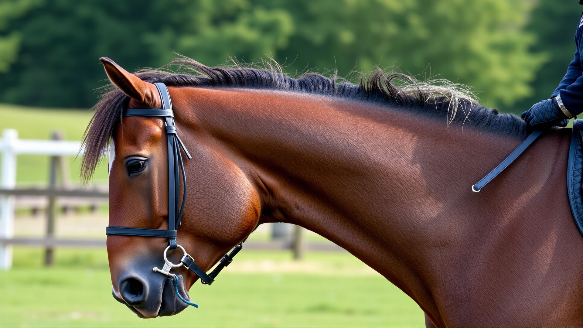 Horse with a trace clip pattern showing shorter hair along the sweat lines and longer coat elsewhere, ridden by a rider in light exercise
