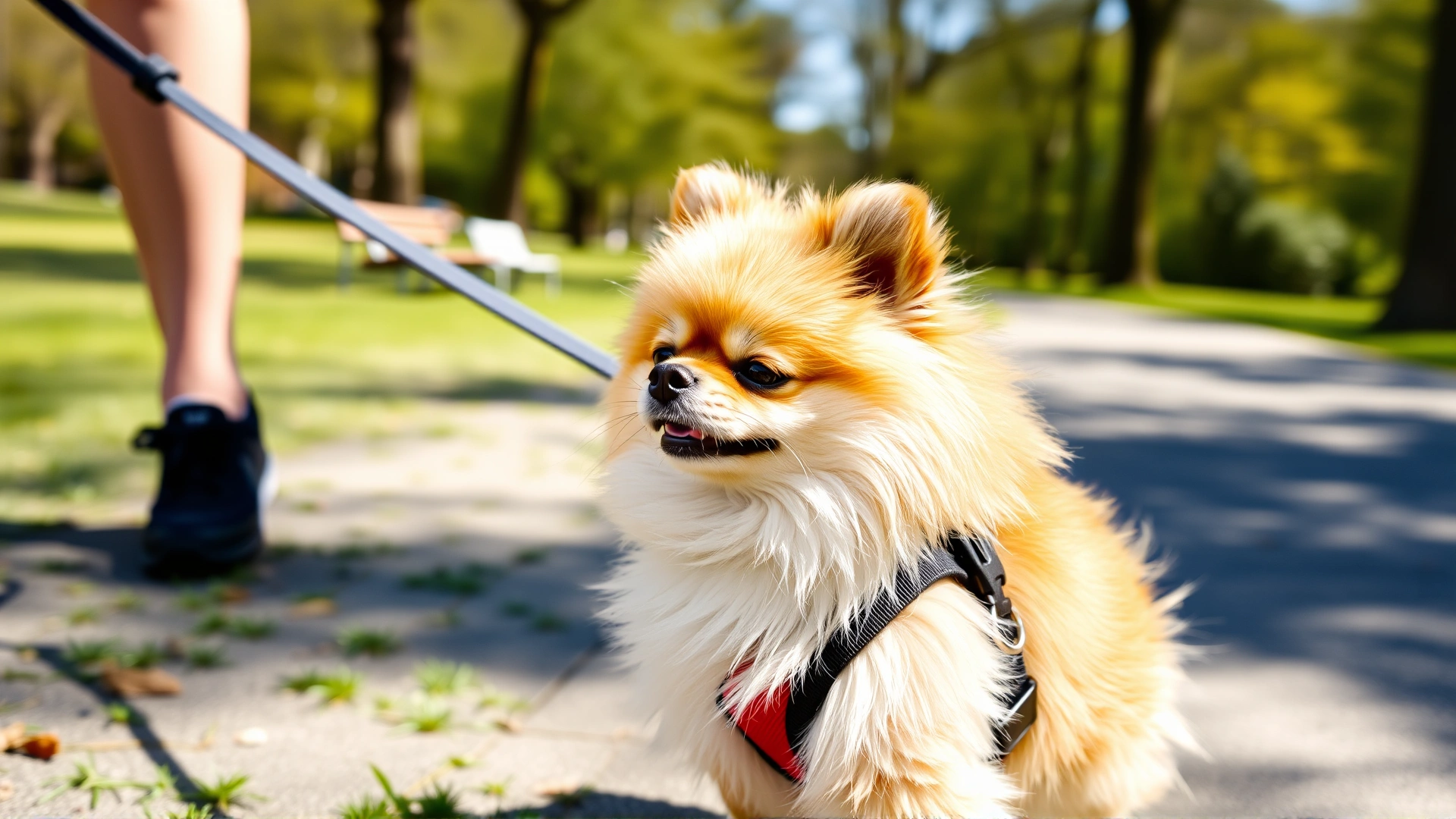 Small Pomeranian wearing a comfortable chest harness during a sunny park walk, focus on harness instead of neck collar