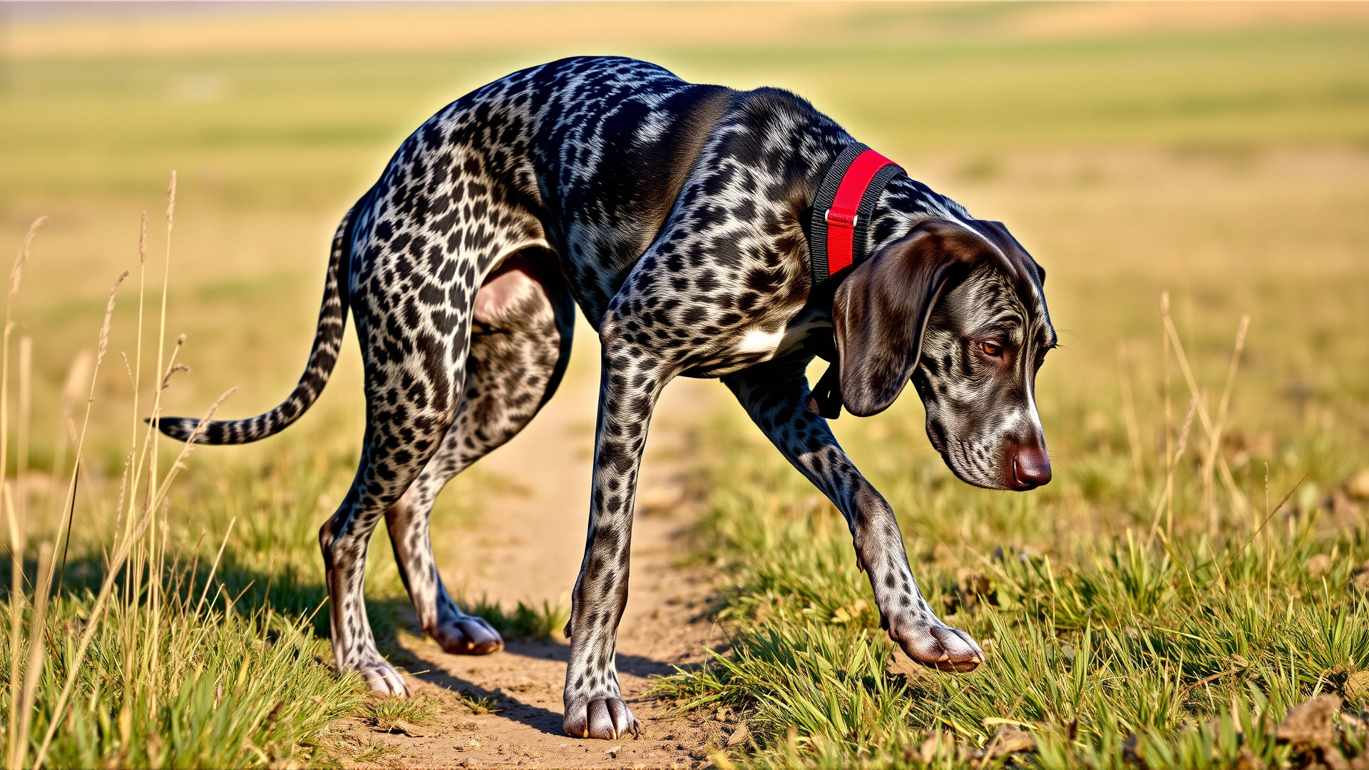 Bluetick Coonhound with a tracking harness nose-down following a scent trail across an open meadow, focus on determination in the dog's posture.