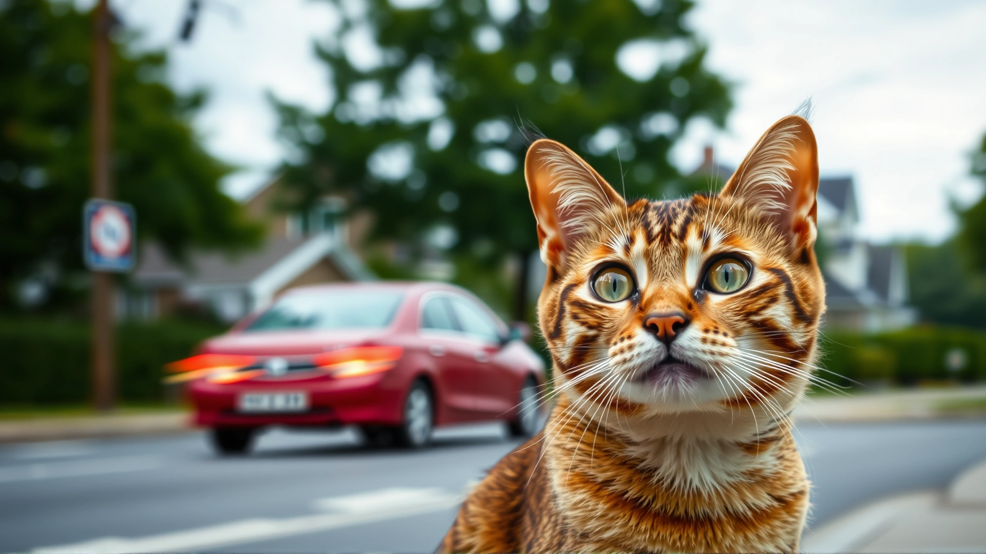 A cat cautiously peering at a busy suburban street with passing cars in the background, motion blur on vehicles, focus on cat’s worried expression, no text.