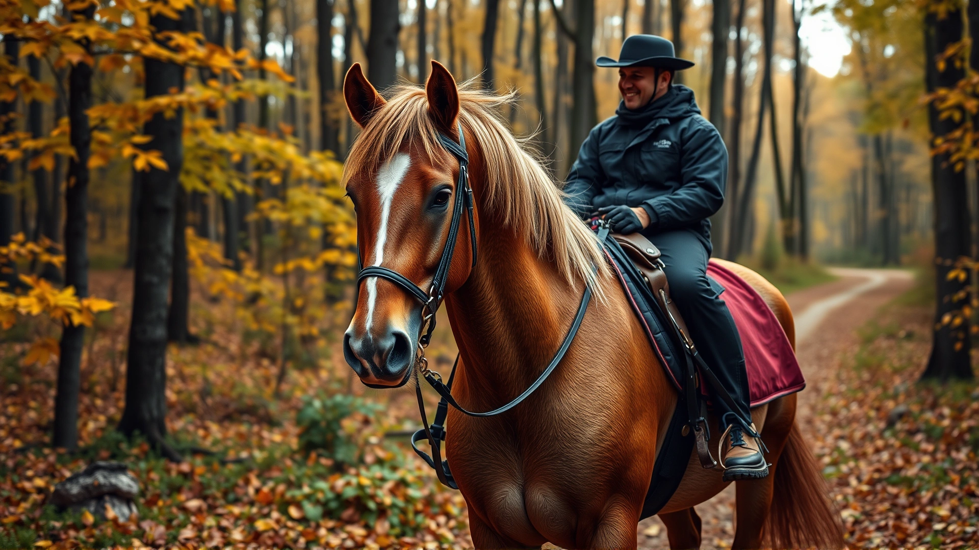 Morgan horse carrying rider along a scenic forest trail covered with autumn leaves.