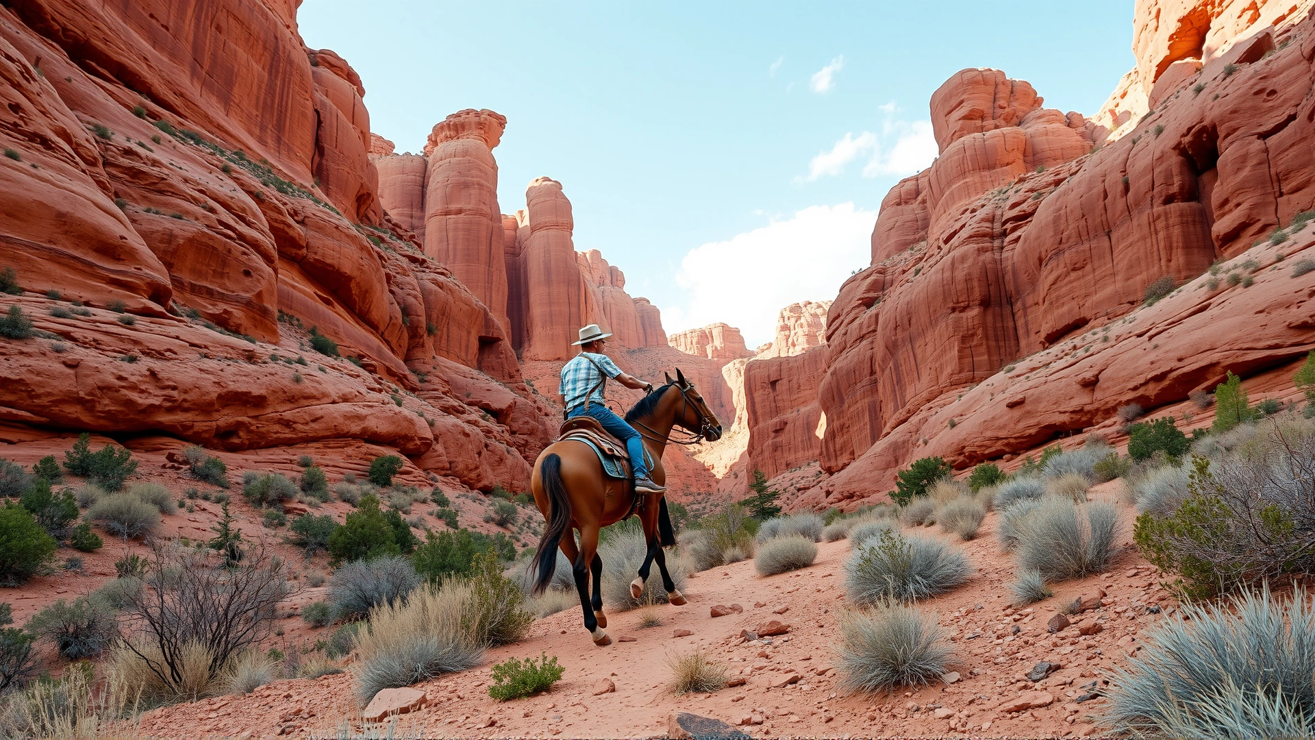 Experienced rider crossing a rugged canyon trail on a sure-footed mustang, scenic background with red rock formations